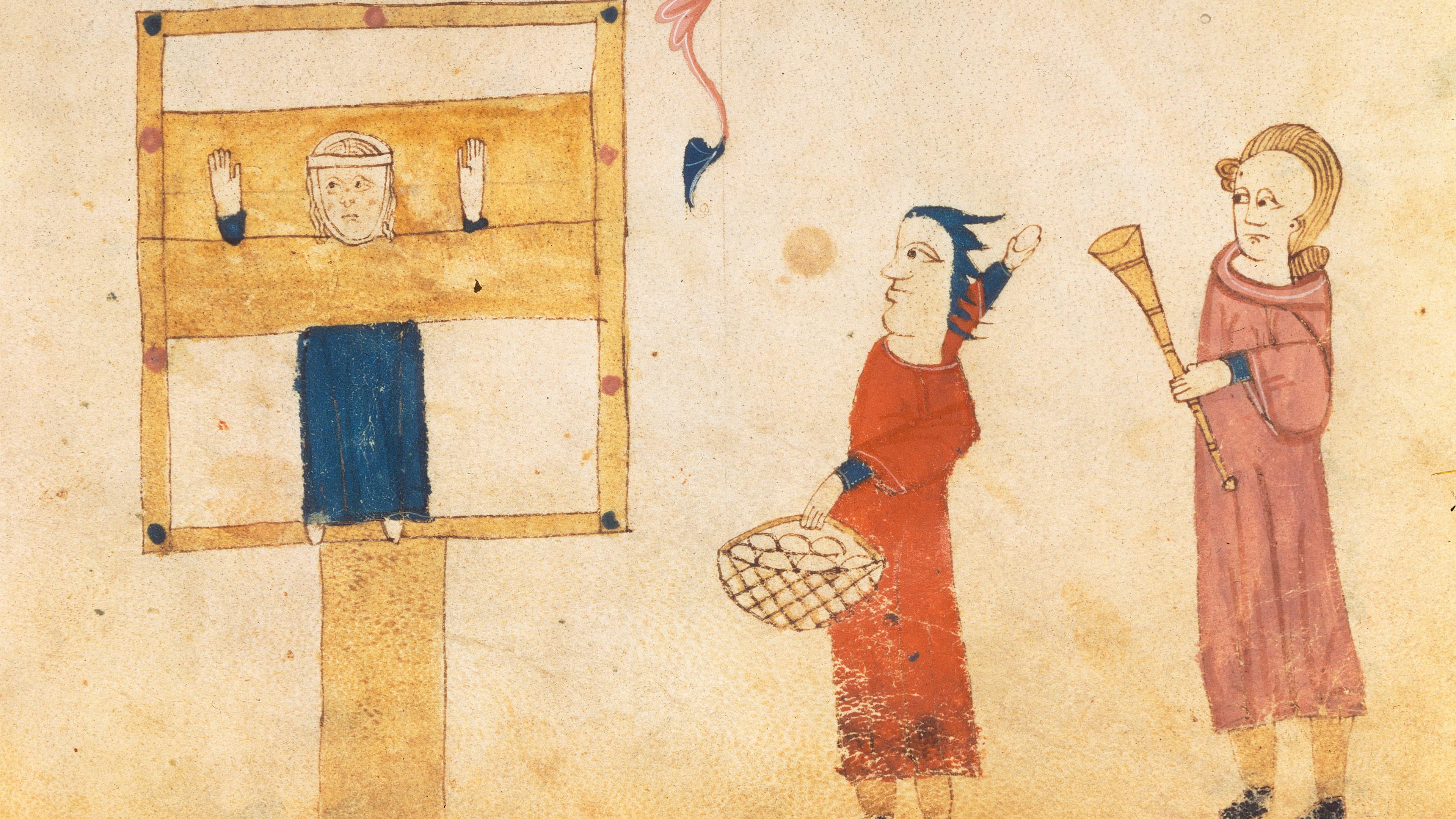 Medieval manuscript illustration of a person in stocks with two figures nearby, one in red with a basket.