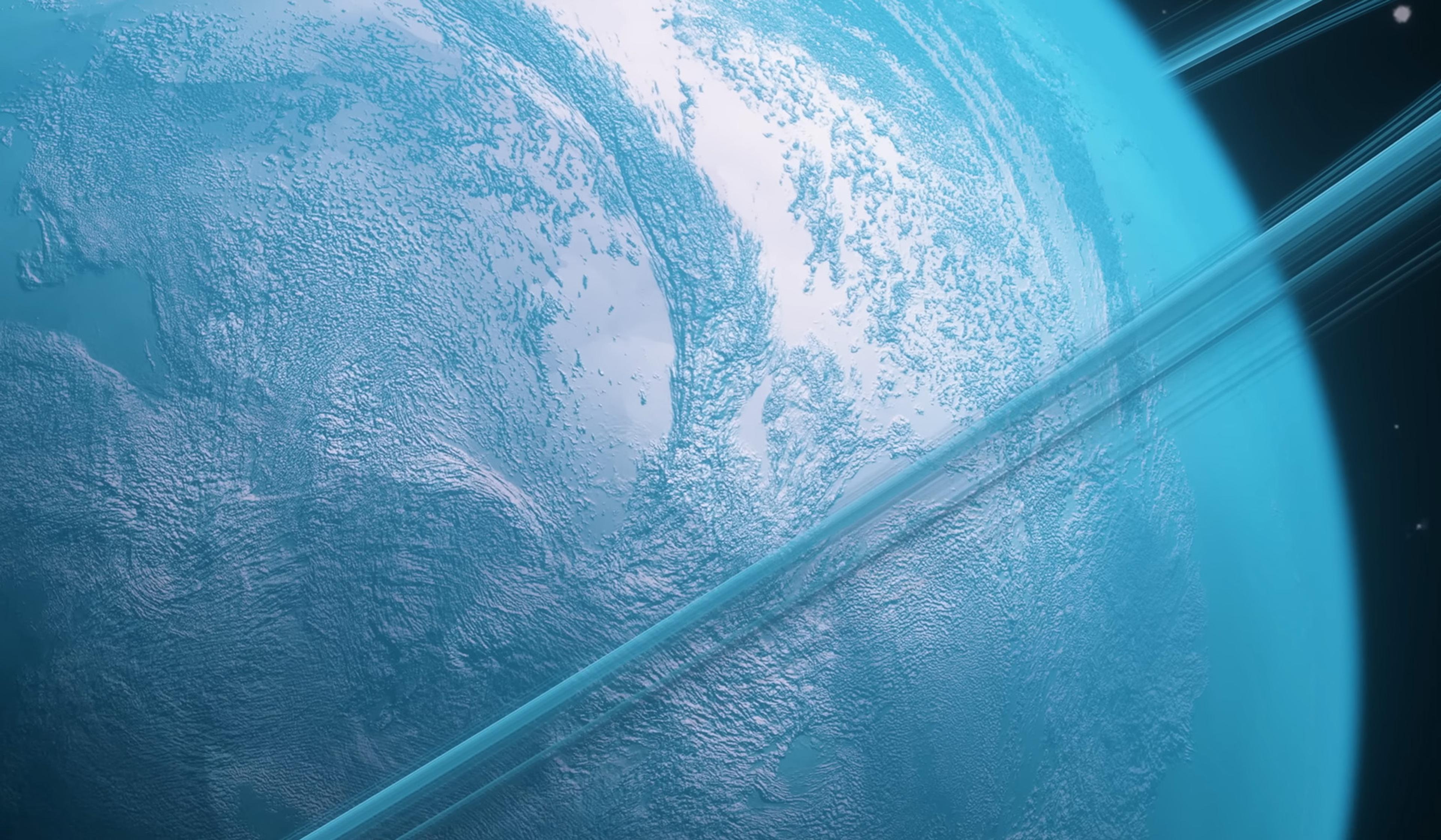 A blue planet with visible ice formations and rings, resembling a view of an icy gas giant from space.