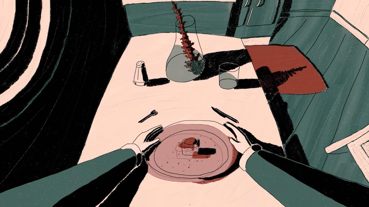 Abstract painting of hands on a table with a small dish vase and utensils in a stylised kitchen setting.