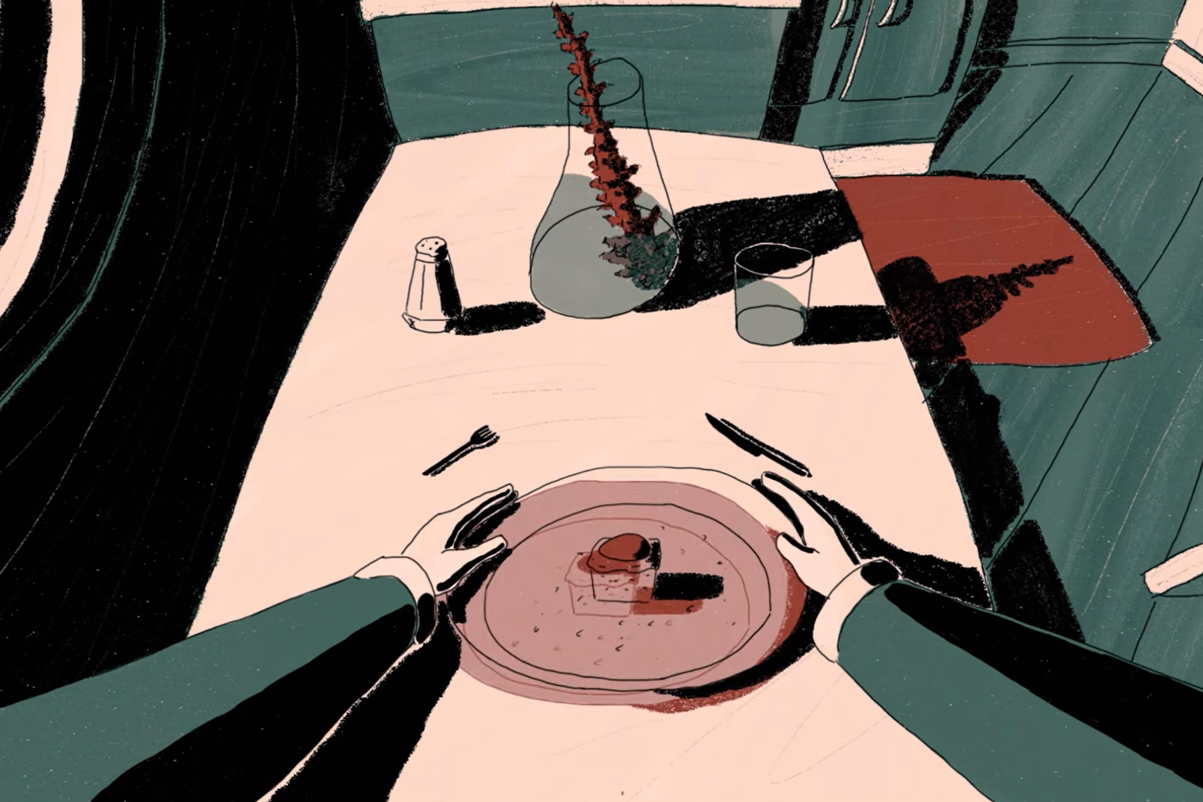 Abstract painting of hands on a table with a small dish vase and utensils in a stylised kitchen setting.