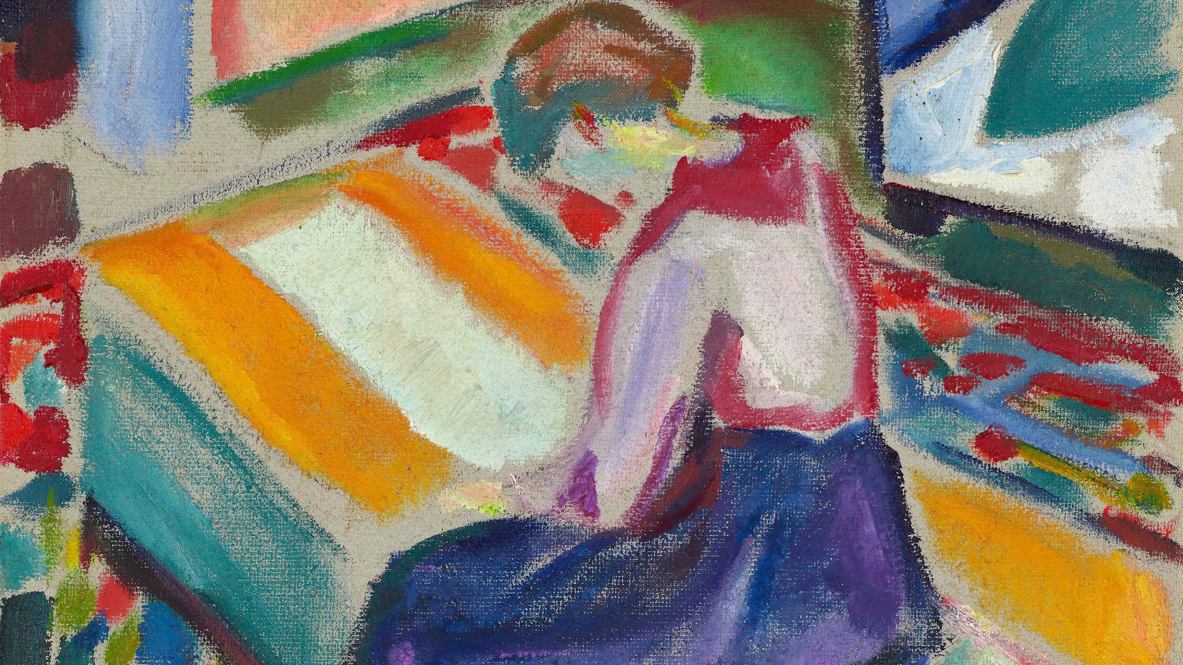 Painting of a person sitting on a colourful bed in a room with abstract patterns and vibrant colours.