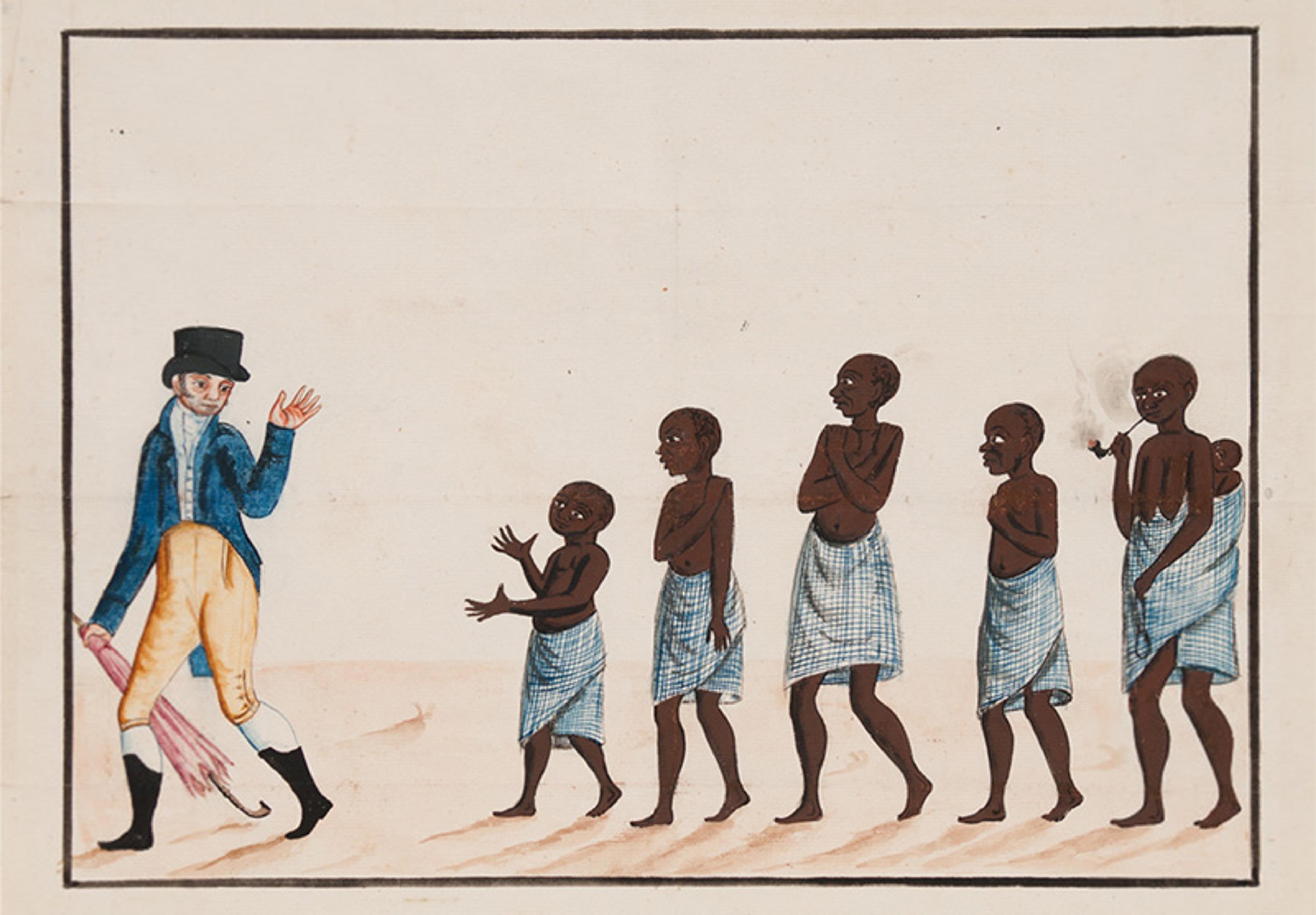 Painting of a colonial figure leading five African individuals dressed in blue and white cloth with one carrying a child.
