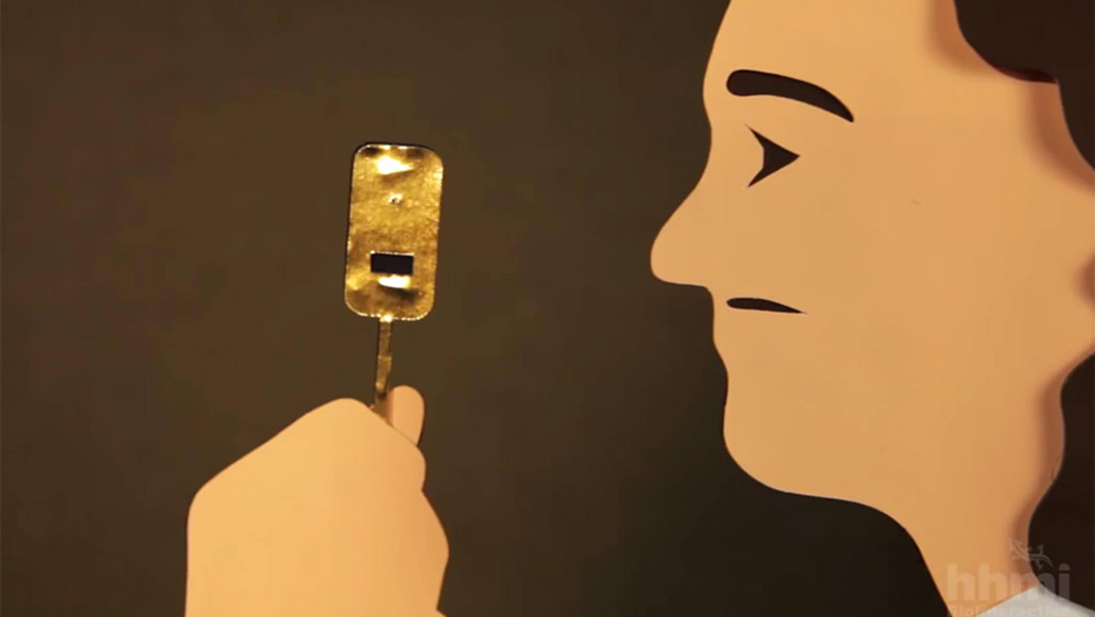 Digital illustration of a person in profile holding a small golden object, likely a tool, against a dark background.