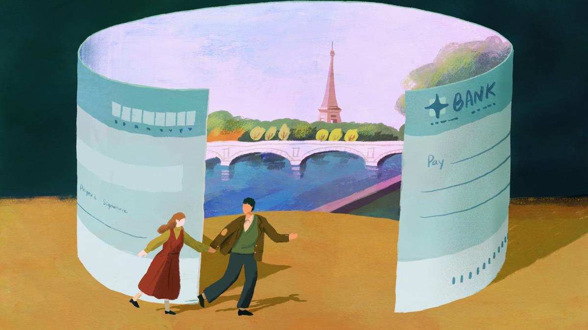 Illustration of a couple holding hands walking past a giant cheque that unravels to reveal a scenic view of a bridge over a river and the Eiffel tower.