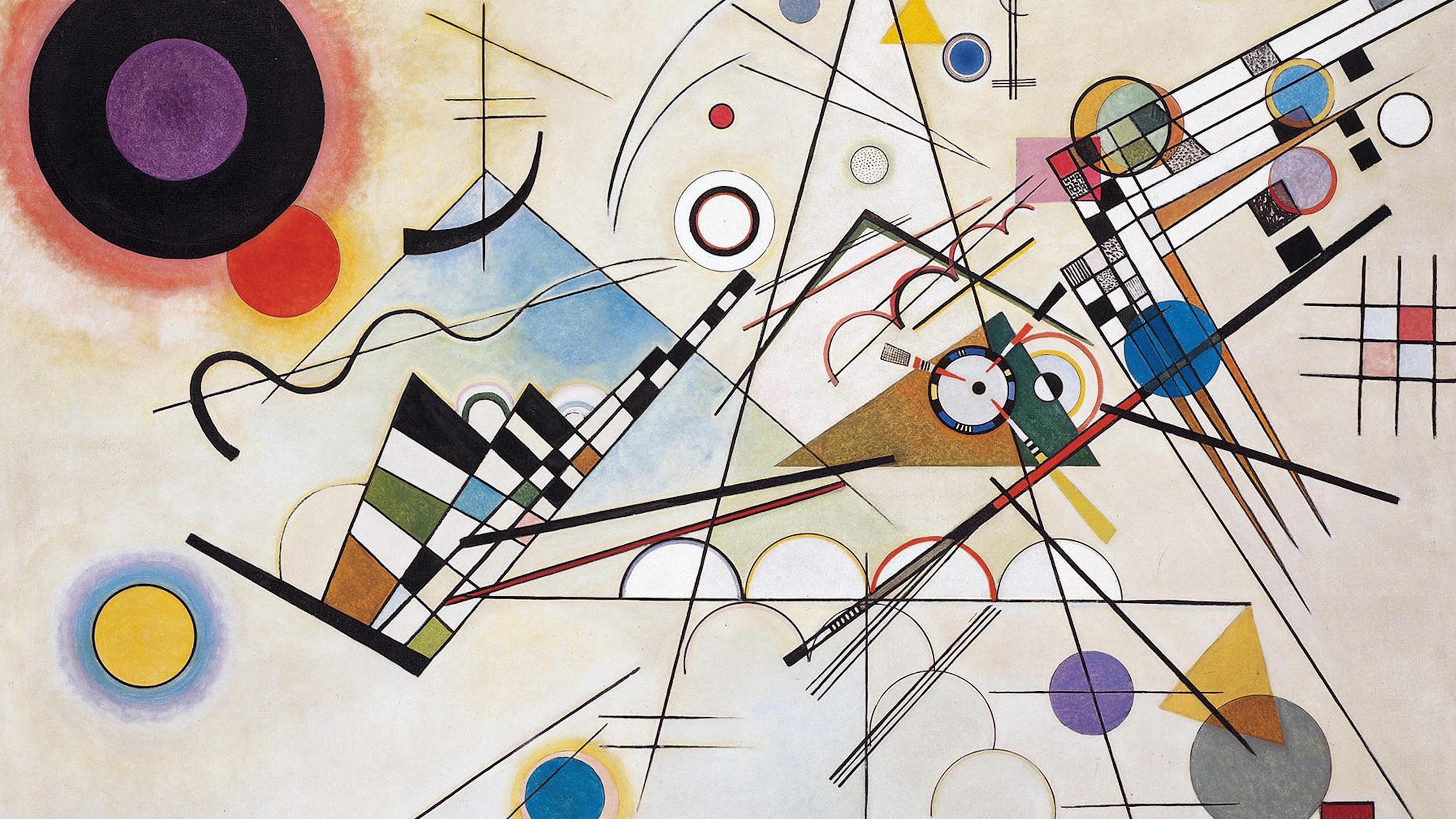 Abstract painting with geometric shapes, lines and circles in various colours on a beige background.