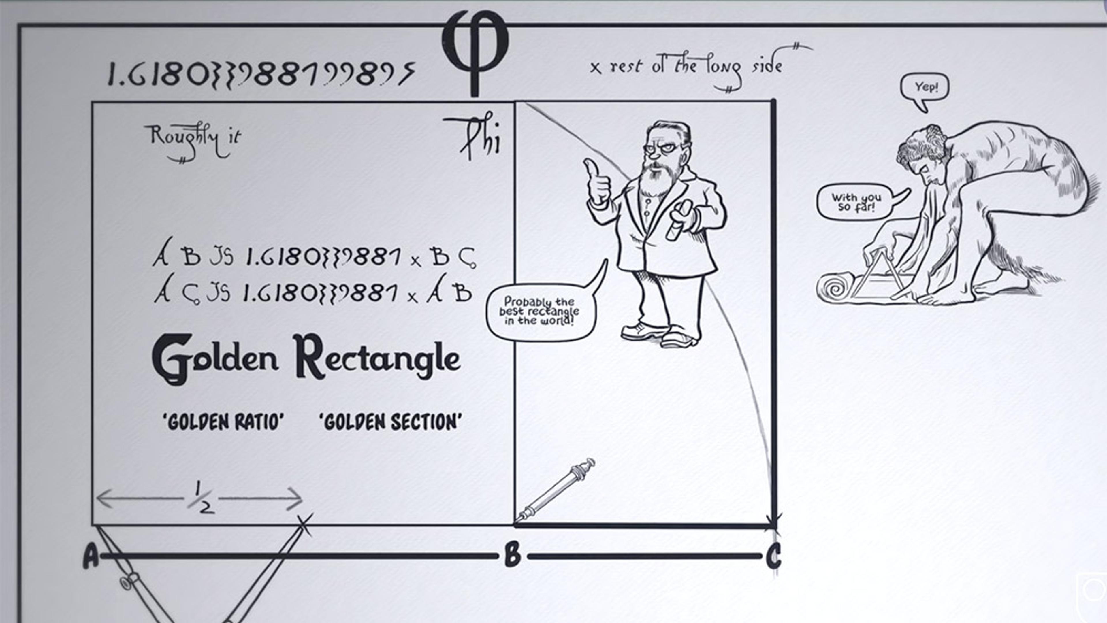 Illustrated guide to the golden rectangle with a cartoon of a mathematician and a philosopher discussing the concept.