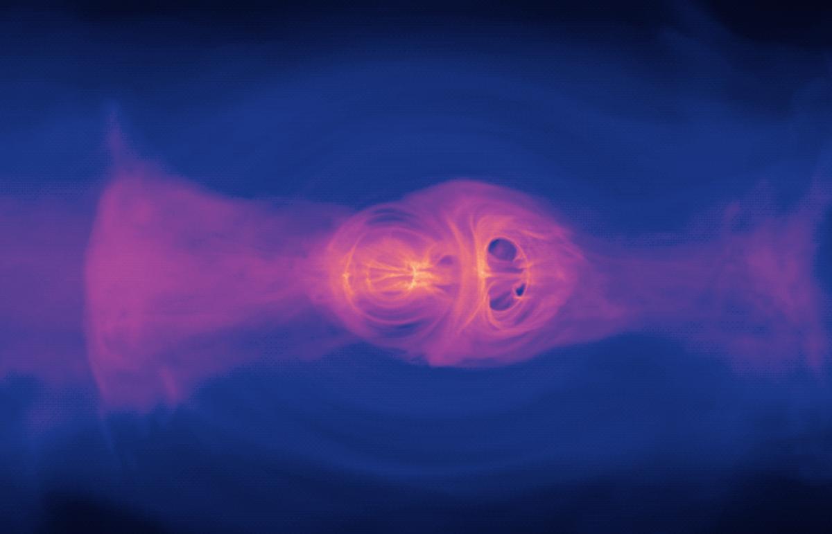 Abstract digital illustration of two swirling purple energy forms with a dark blue backdrop.