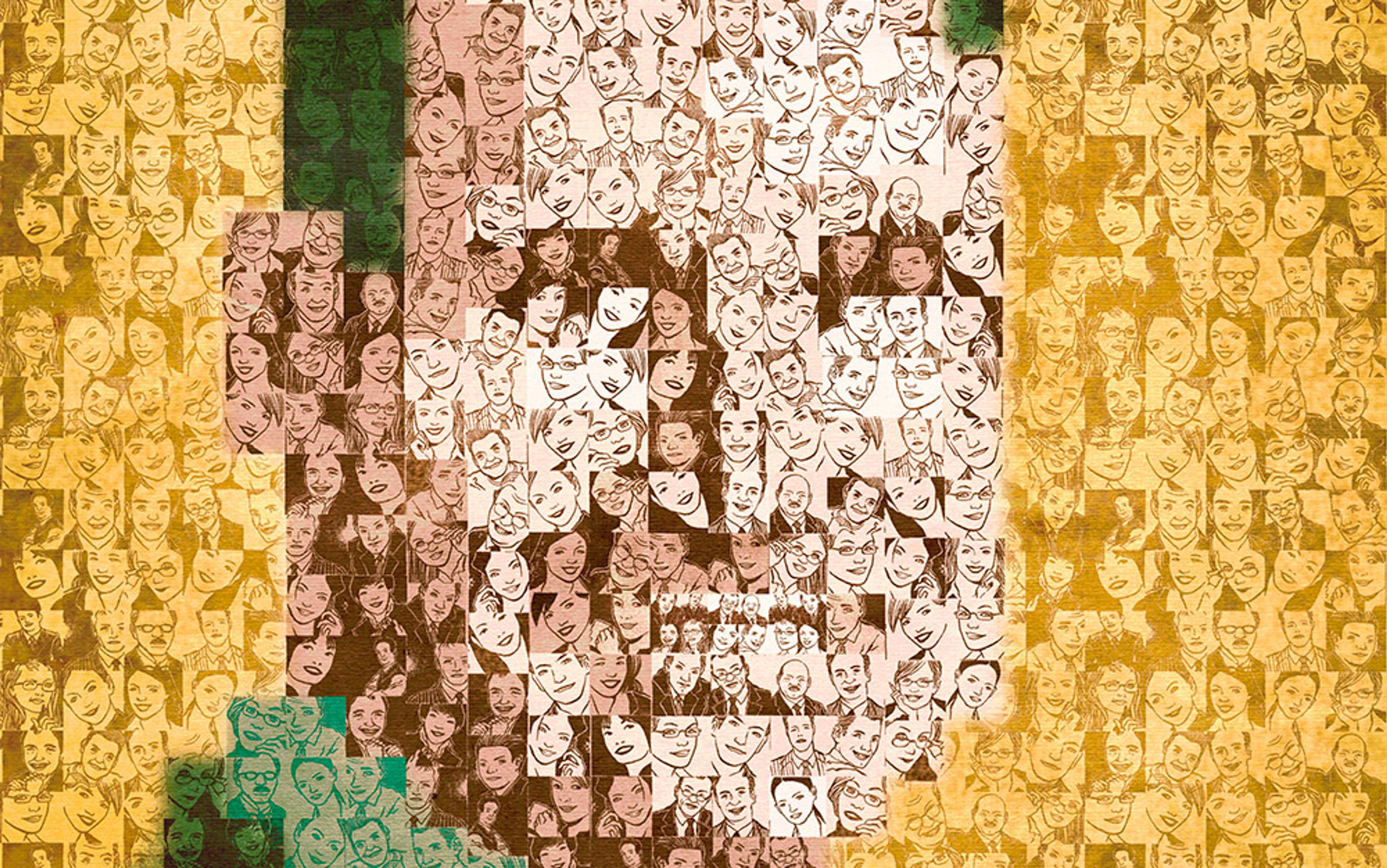 Mosaic of illustrated human faces forming a larger portrait on a golden background. Art style combines various shades and expressions.
