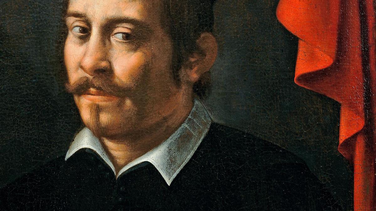 Portrait painting of a man with a moustache wearing a dark outfit with a white collar next to a red drapery background.