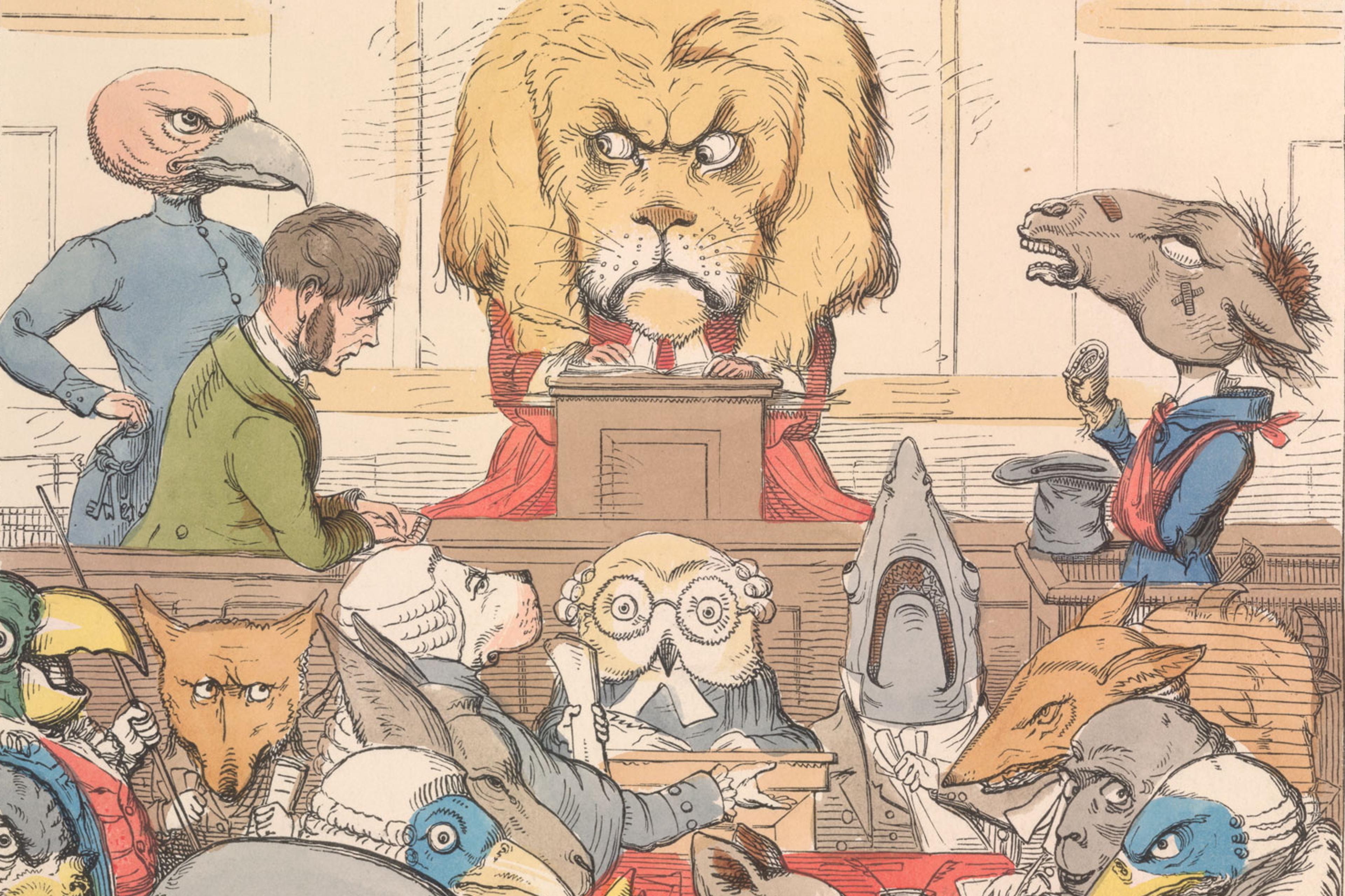 Illustration of a courtroom with animals as participants, a lion as the judge, and various creatures in the jury box.