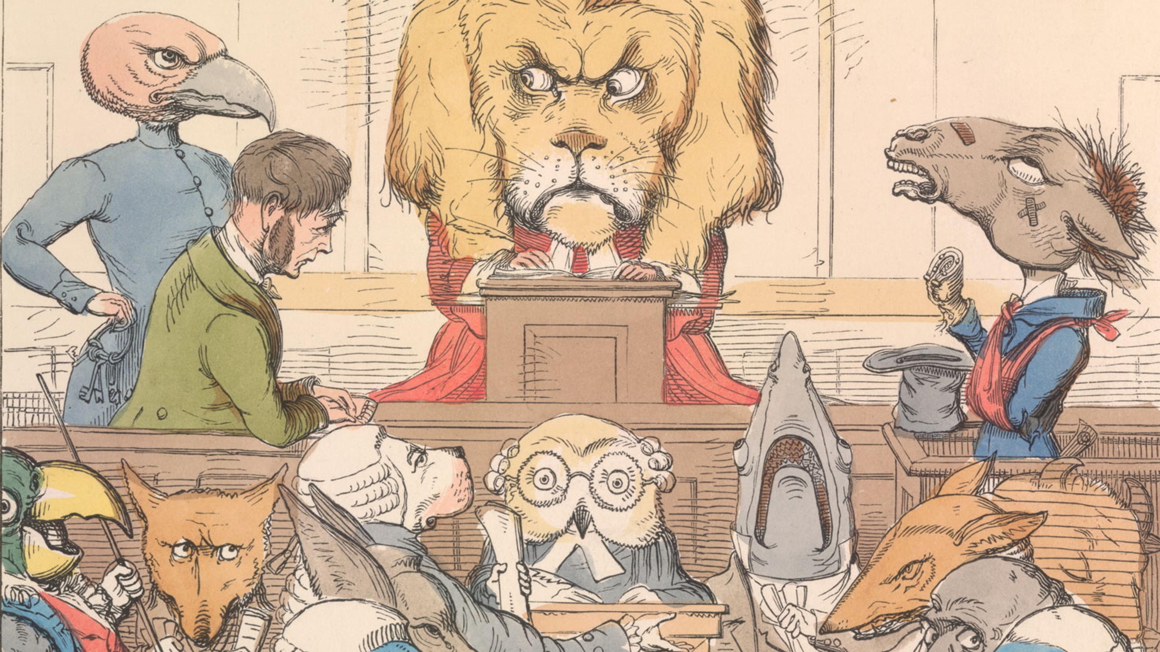 Illustration of a courtroom with animals as participants, a lion as the judge, and various creatures in the jury box.