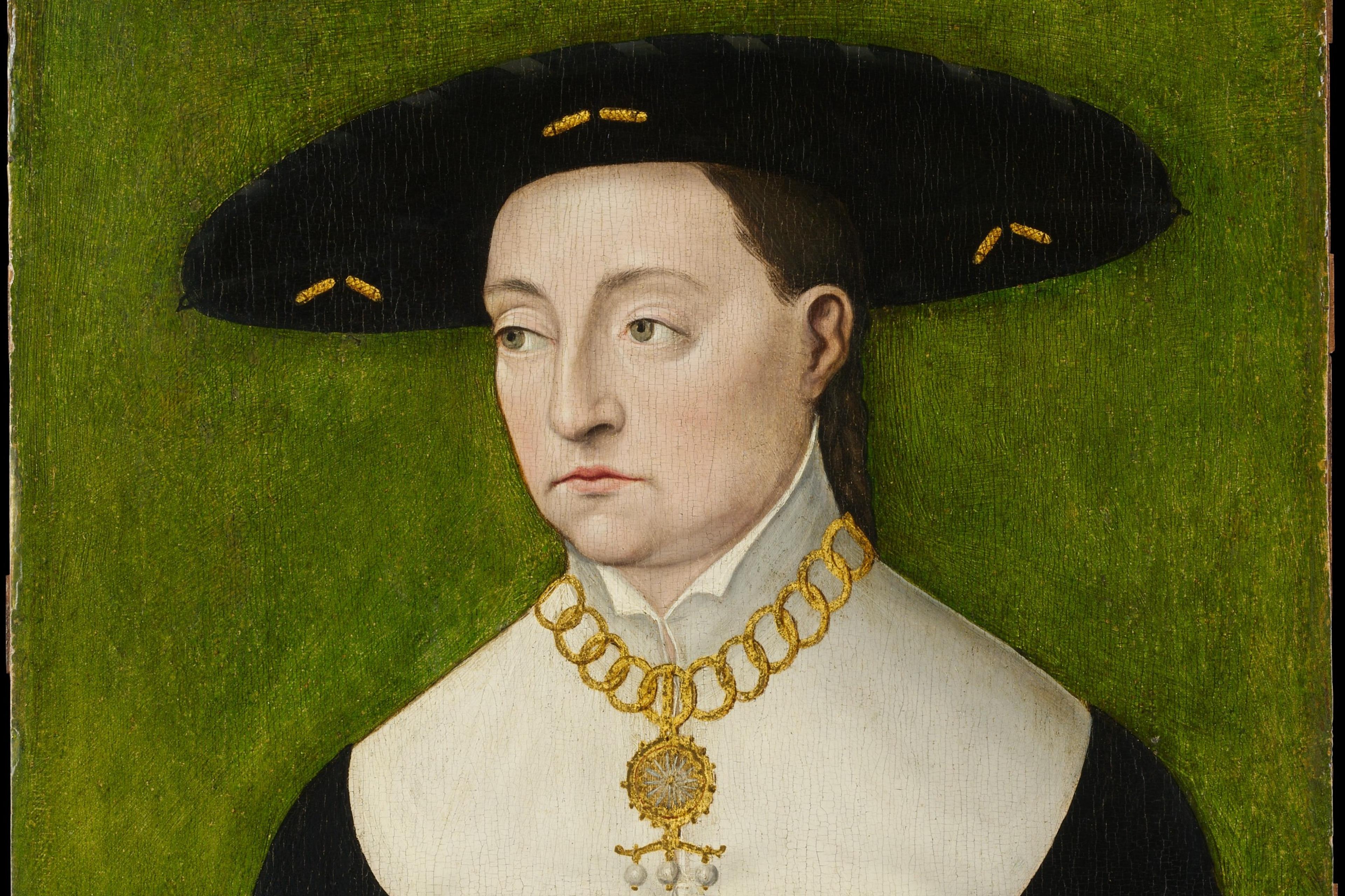 Portrait painting of a person in dark clothing with a white collar a gold necklace and rings against a green background.