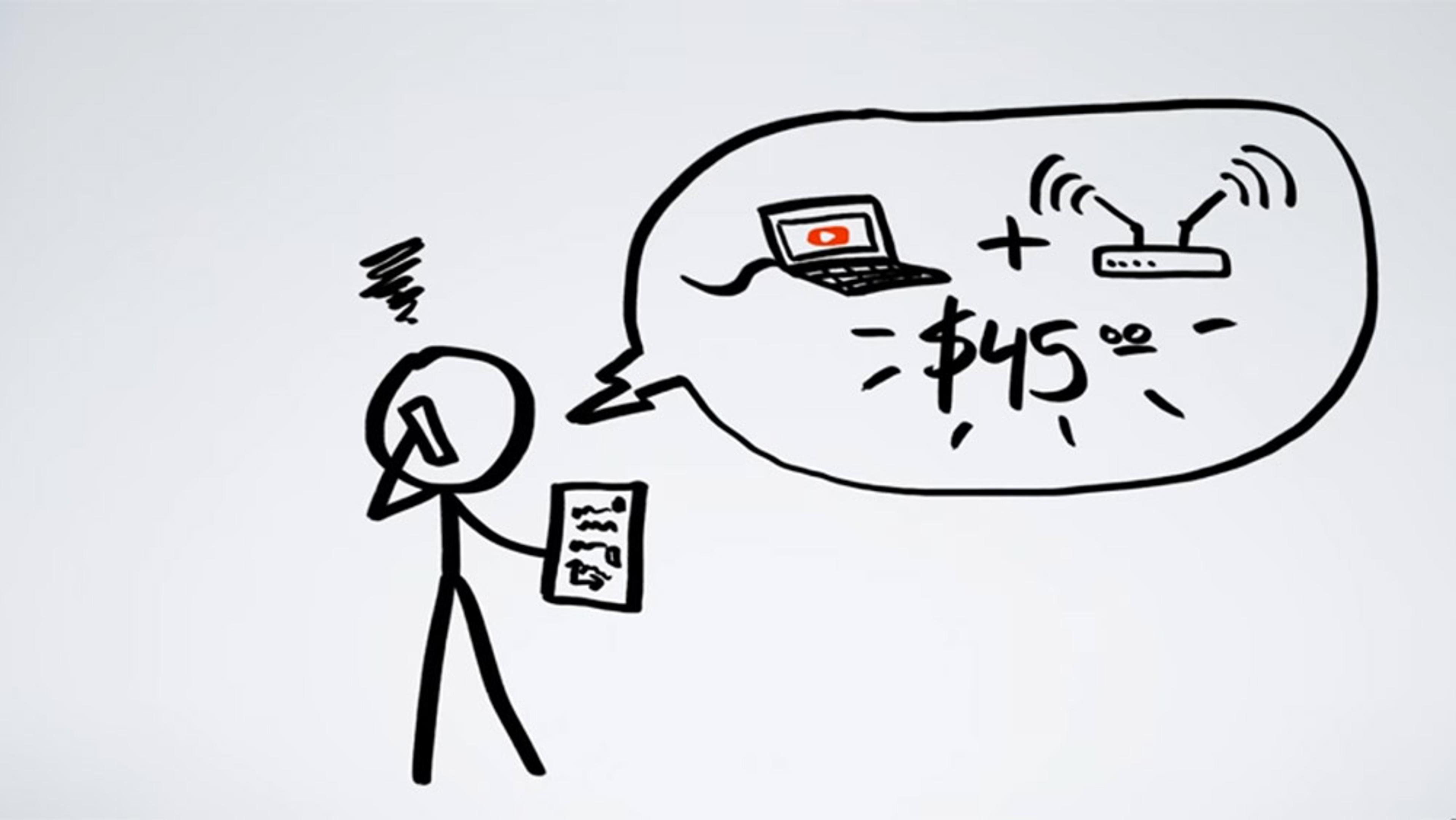 Cartoon of a stick figure on the phone holding a paper, with a speech bubble showing a laptop, router and “$45” symbol.