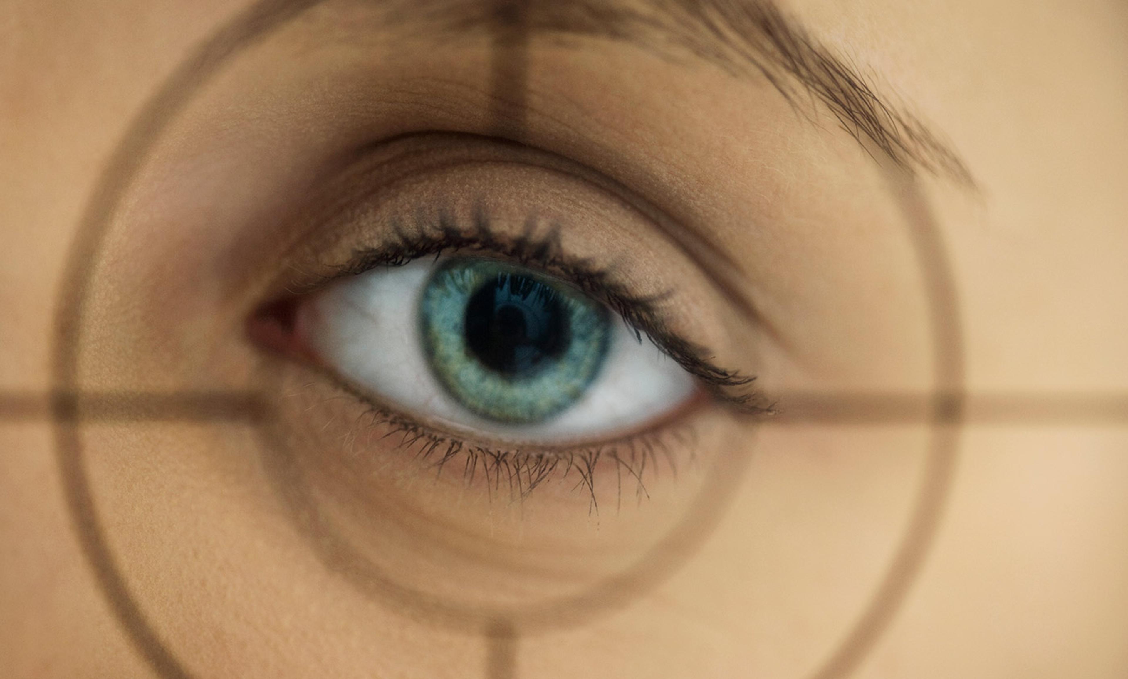Close-up of a blue eye with a crosshair overlay on the skin around it.