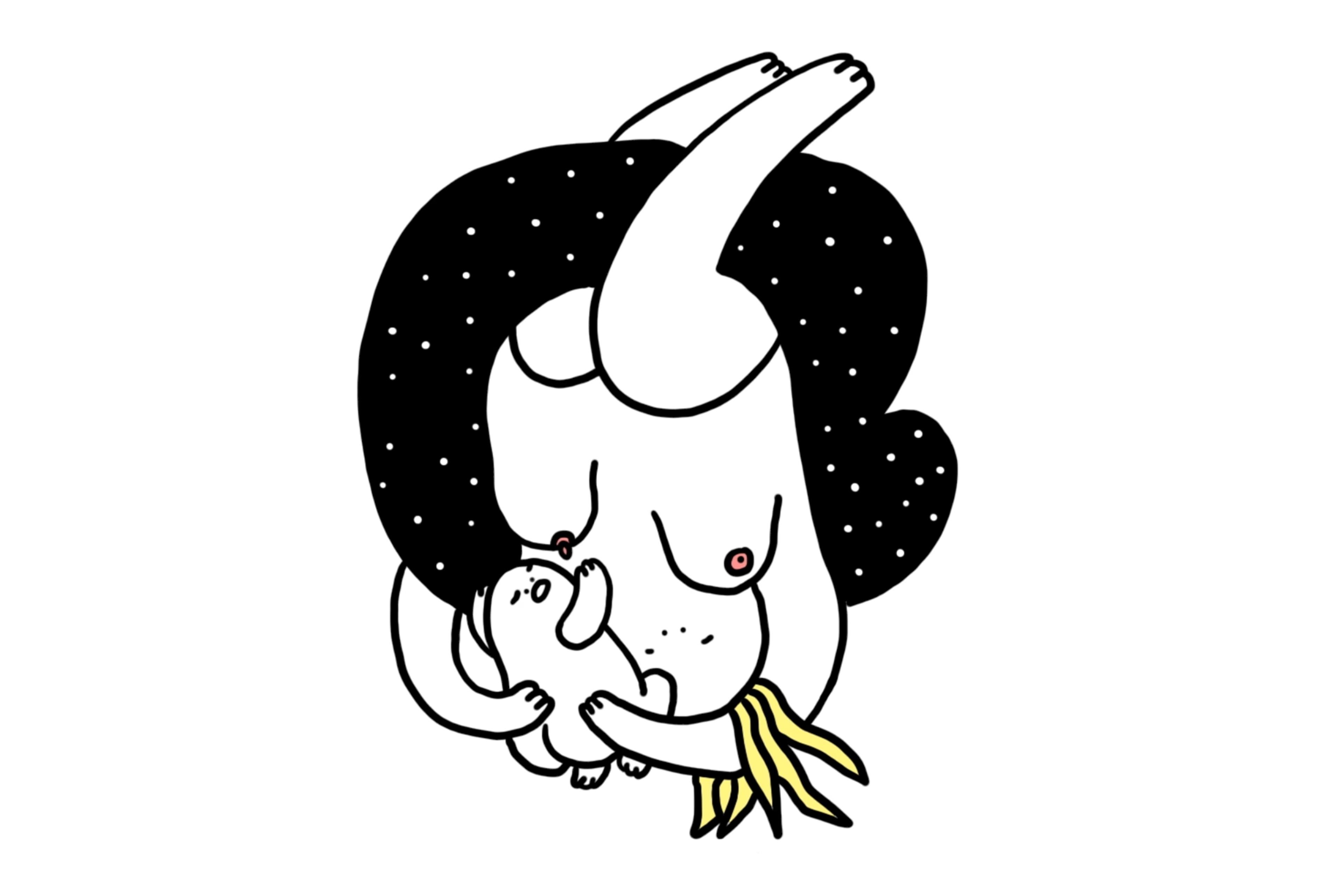 Abstract drawing of a woman holding a baby, featuring exaggerated body proportions and yellow accents on a white background.