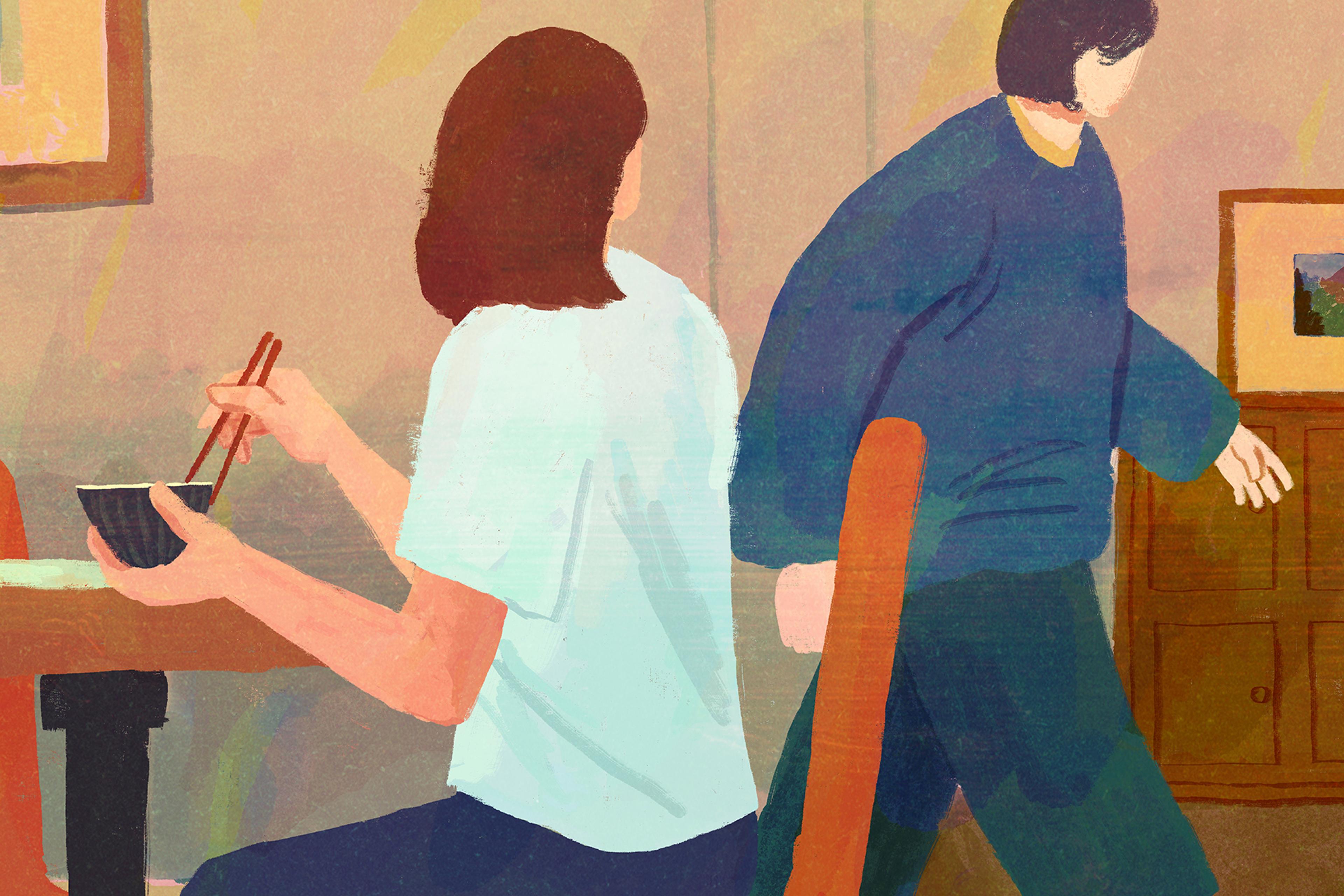 Illustration of a person eating with chopsticks at a table while another person walks away in a softly coloured room.