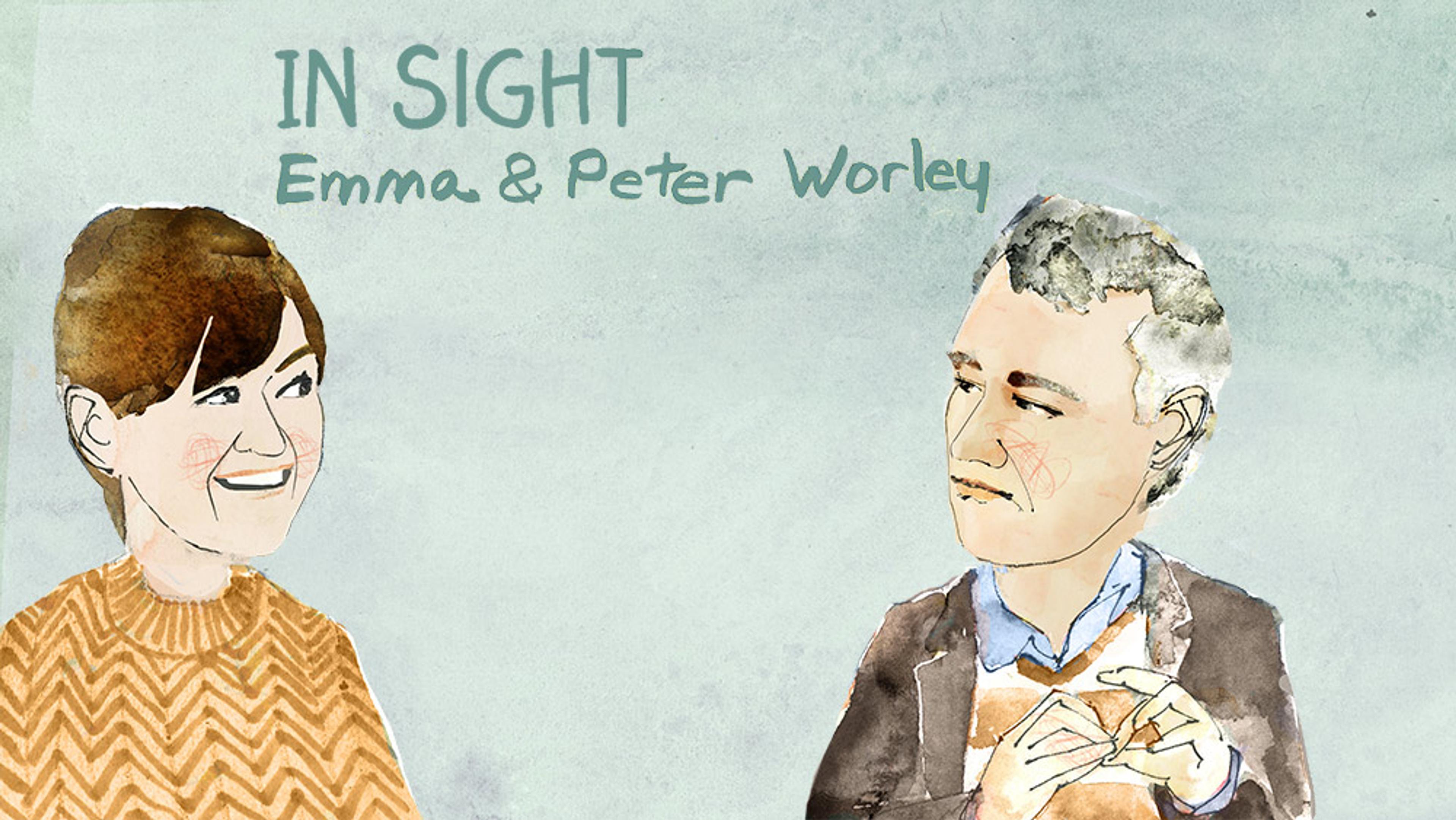Watercolour painting of two people labelled ‘In Sight Emma & Peter Worley’, one smiling and the other with a thoughtful expression.