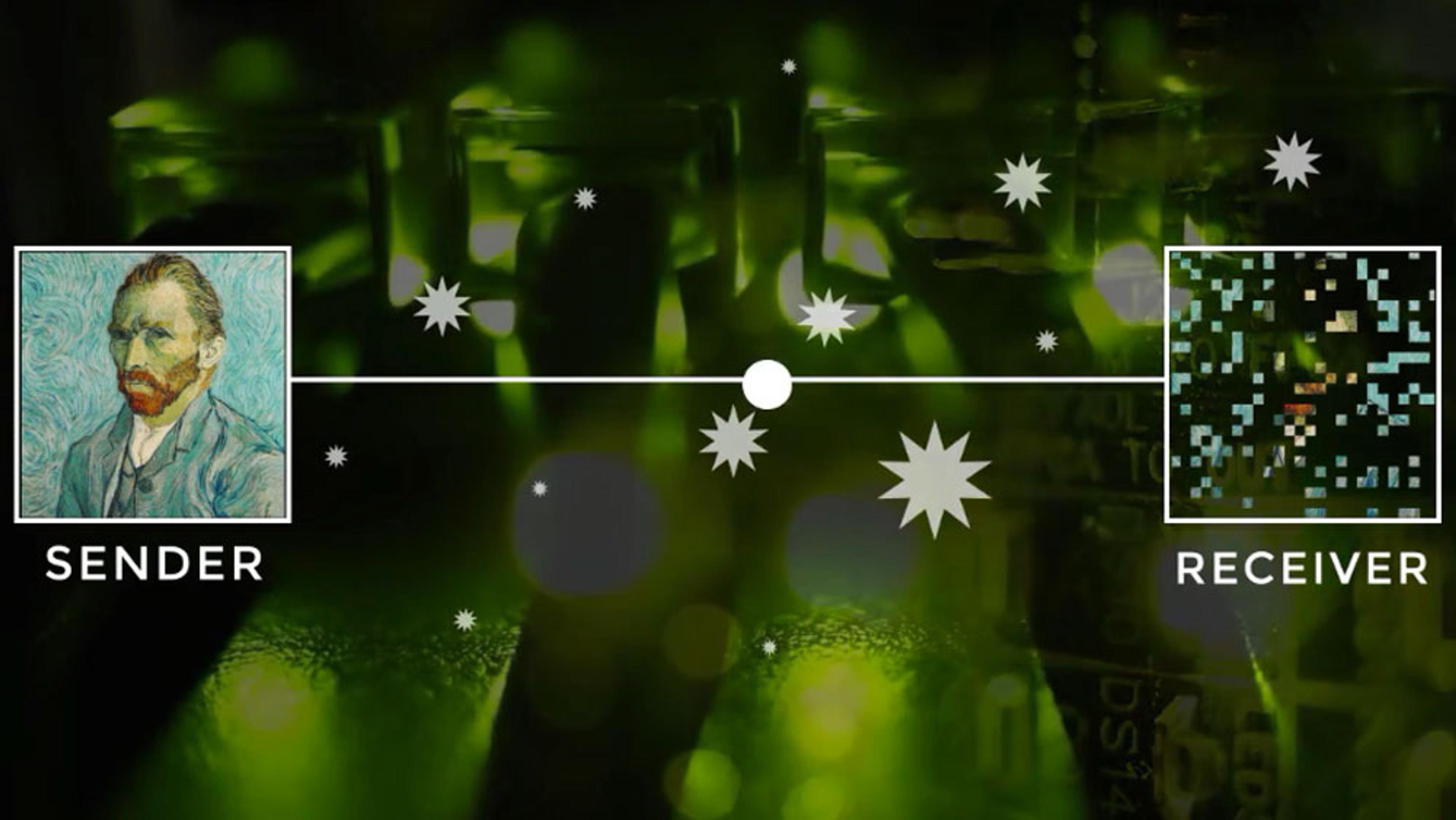 Diagram showing a flow from a Van Gogh self-portrait labelled ‘Sender’ to a pixelated image labelled ‘Receiver’ with a green background.