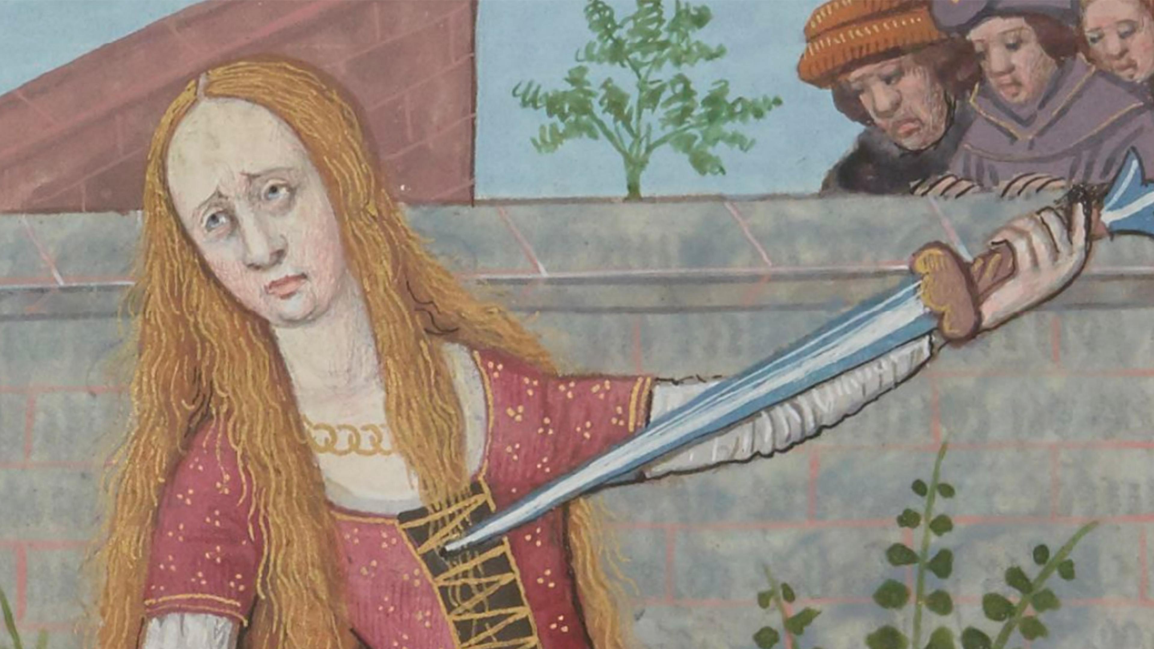 Medieval painting of a sad woman with long hair holding a sword to her chest, with onlookers behind a wall in the background.