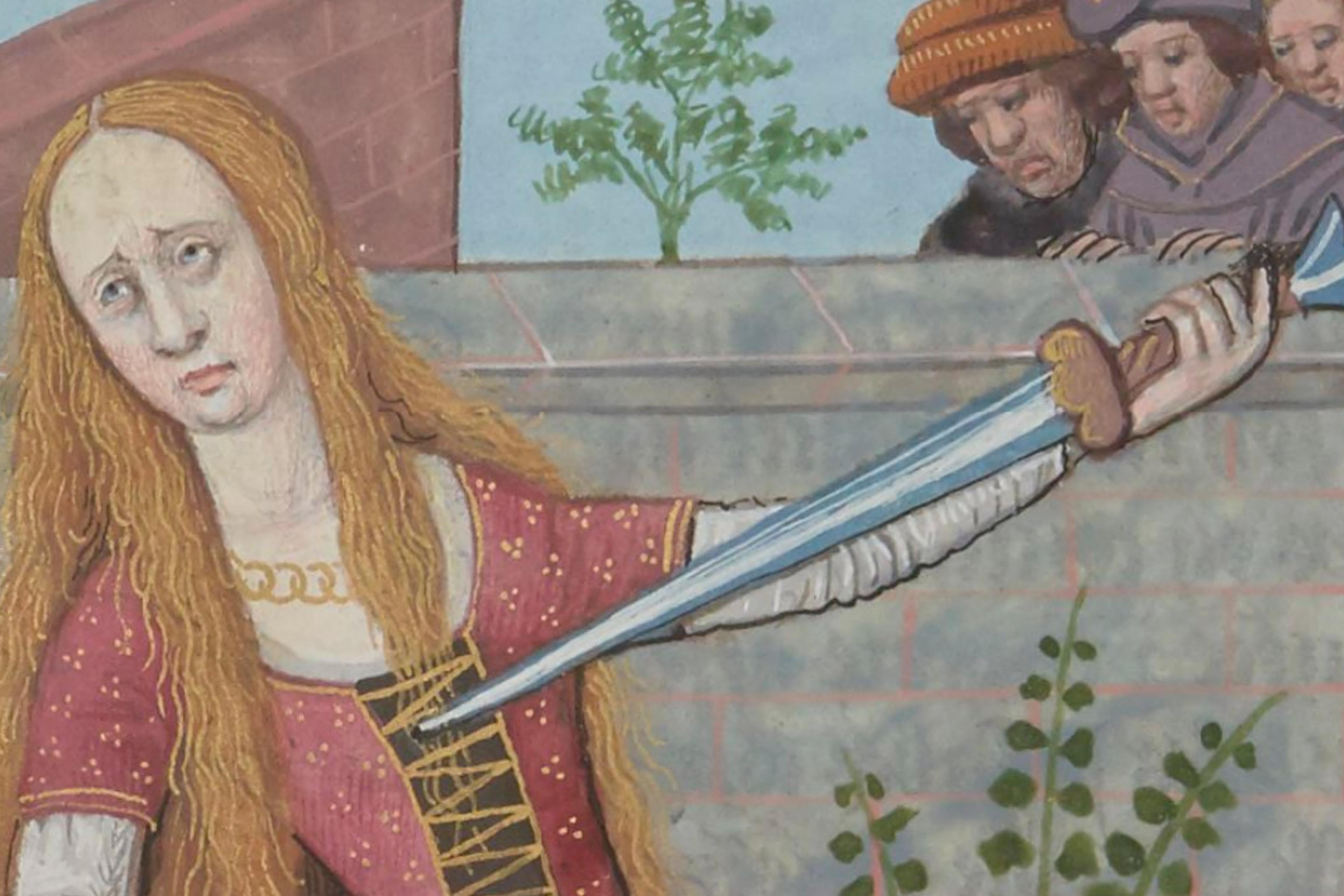 Medieval painting of a sad woman with long hair holding a sword to her chest, with onlookers behind a wall in the background.