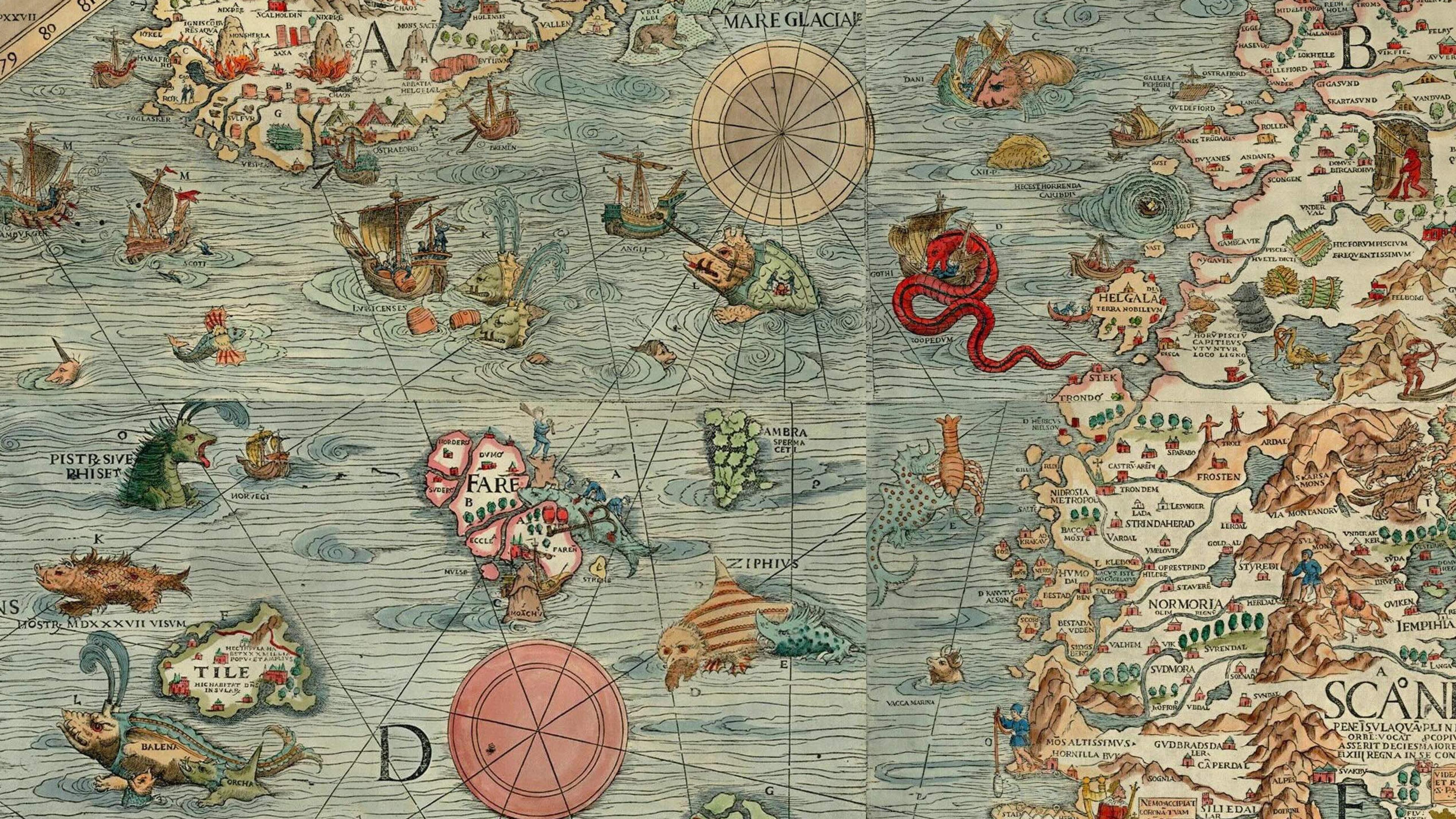 An old illustrated map of Northern Europe featuring mythical sea creatures compass roses and detailed land formations.