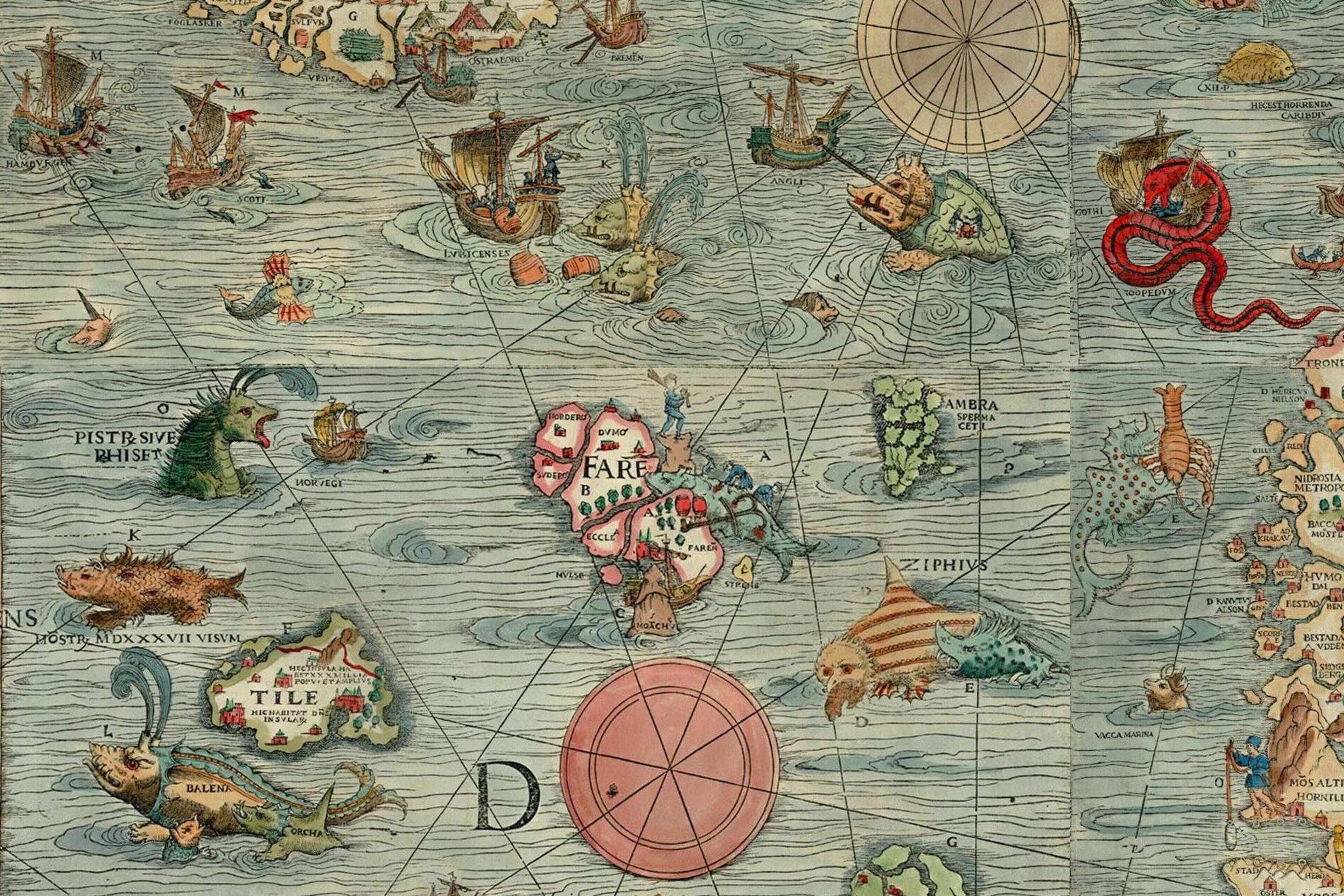 An old illustrated map of Northern Europe featuring mythical sea creatures compass roses and detailed land formations.