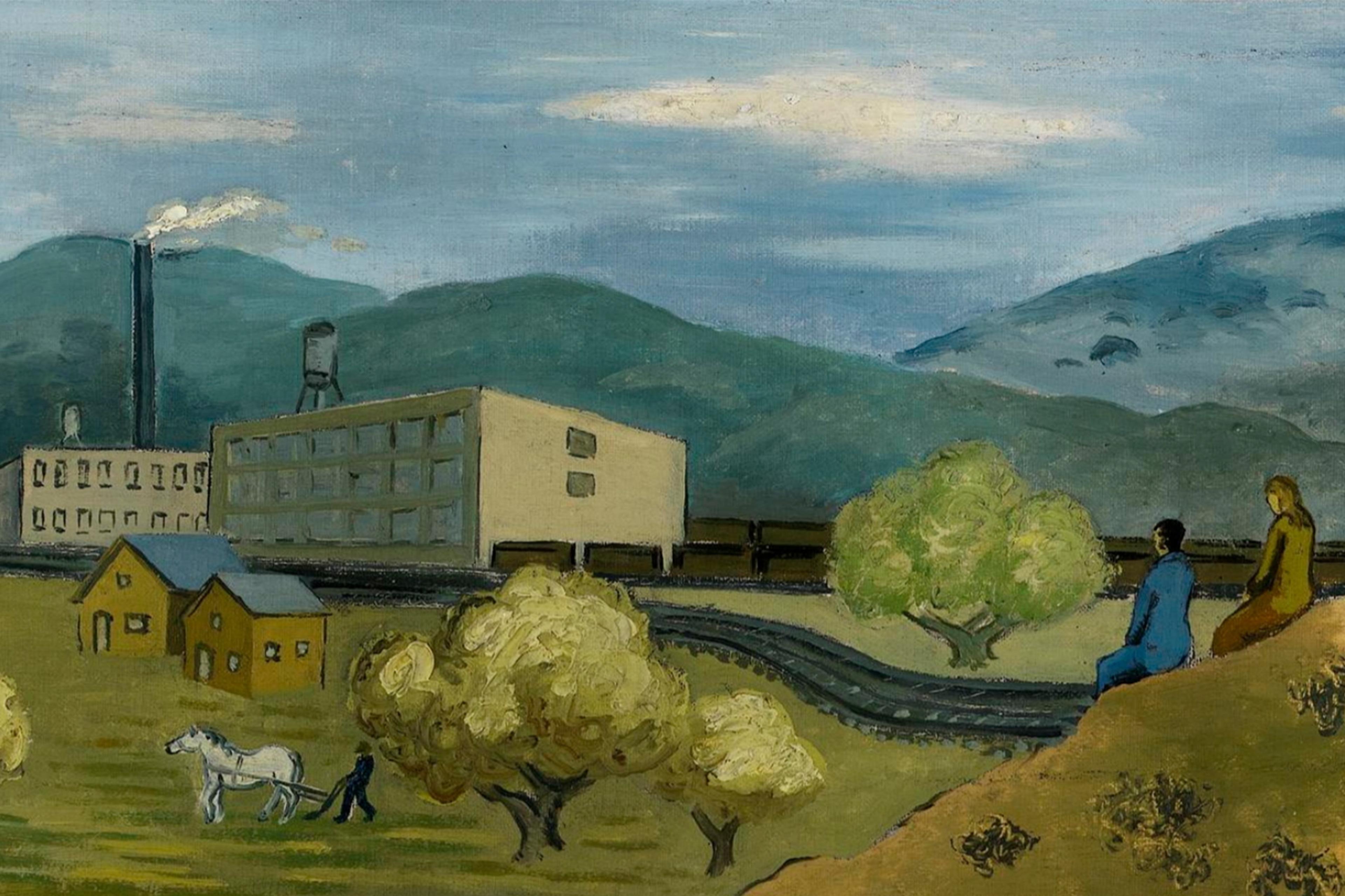 Painting of a rural scene with a factory, hills, a man with a horse and two people sitting on a hill overlooking a train track.