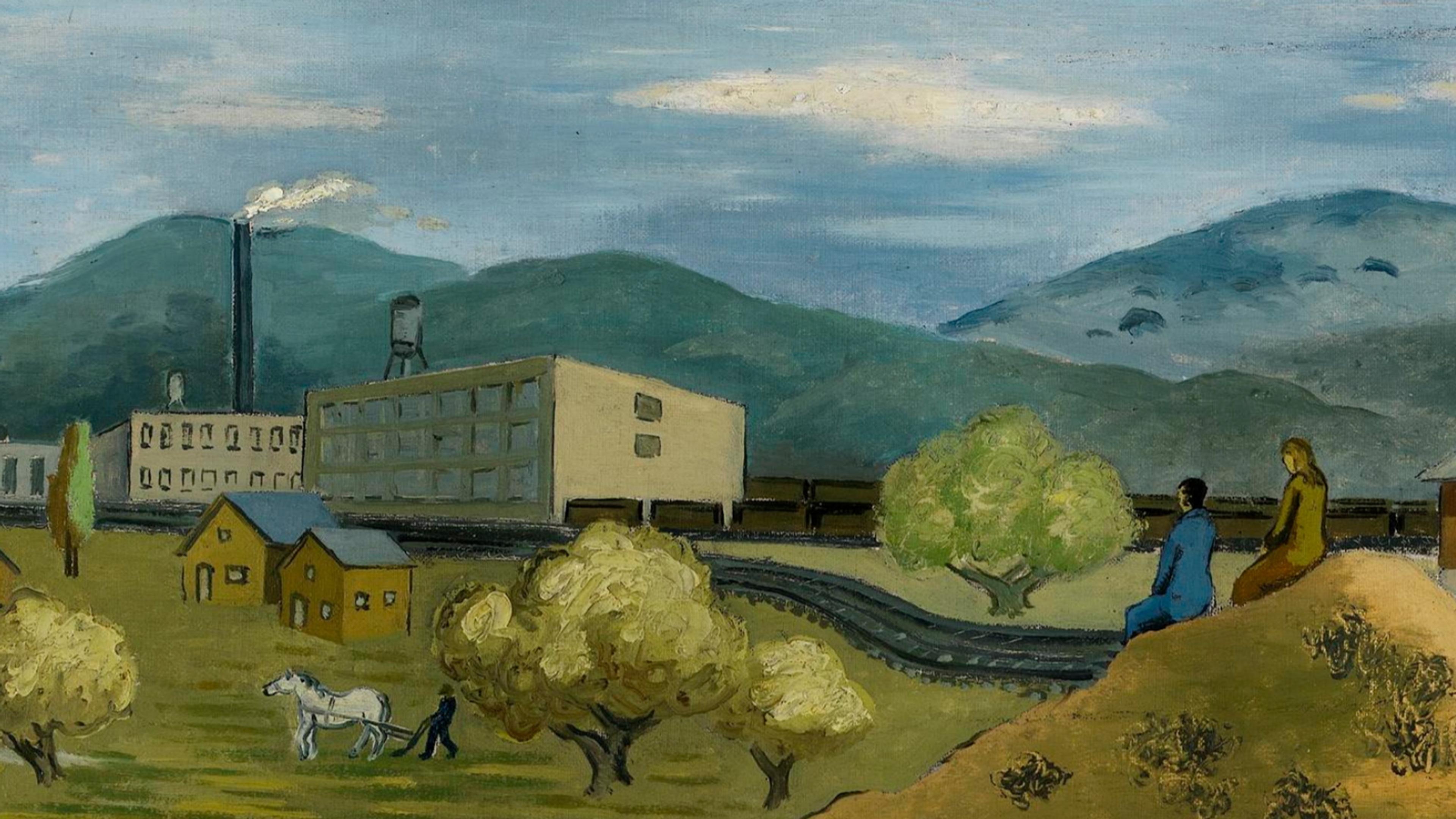 Painting of a rural scene with a factory, hills, a man with a horse and two people sitting on a hill overlooking a train track.