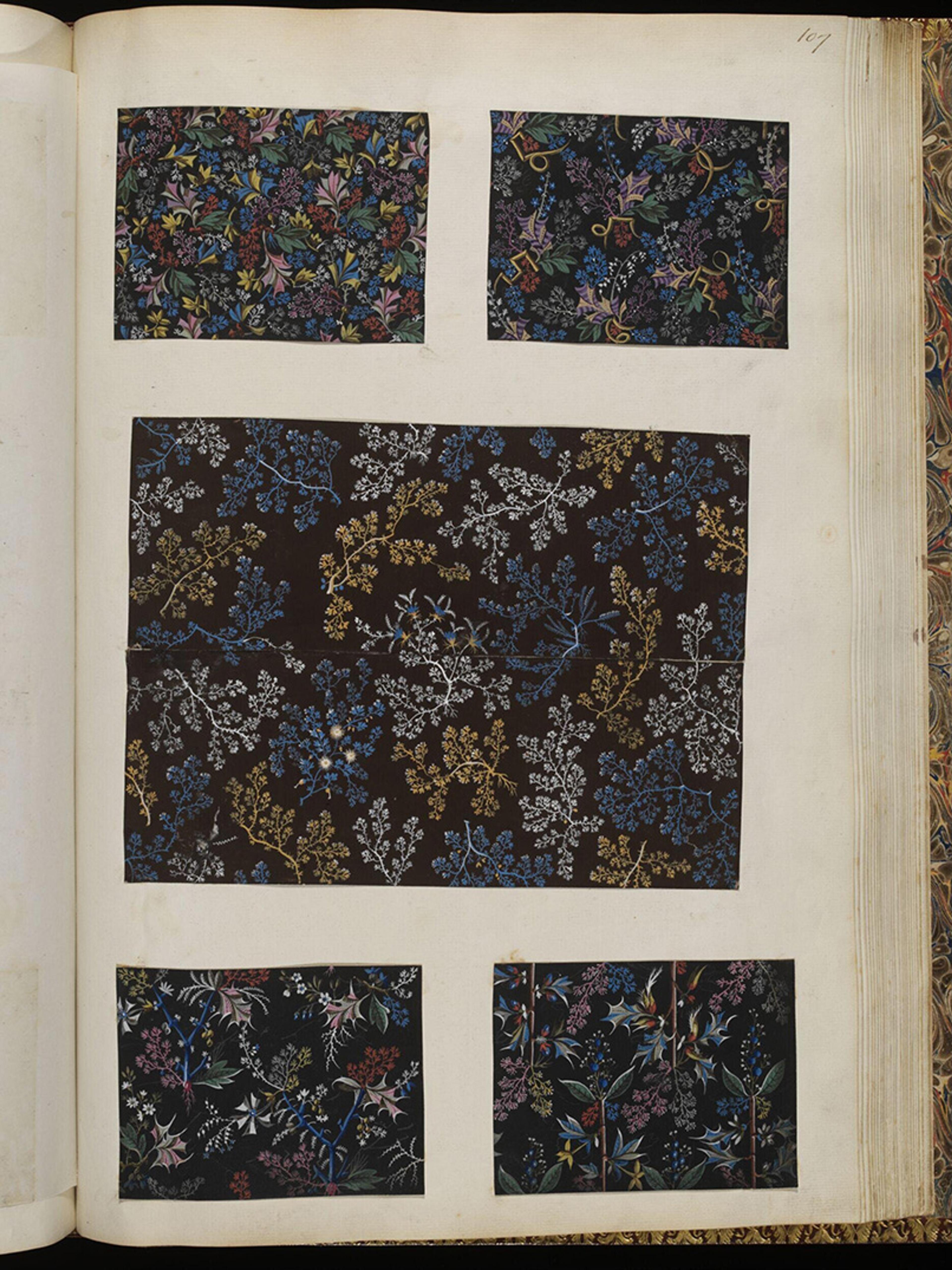 Image of a book spread showing five floral pattern samples on black backgrounds in various colours.