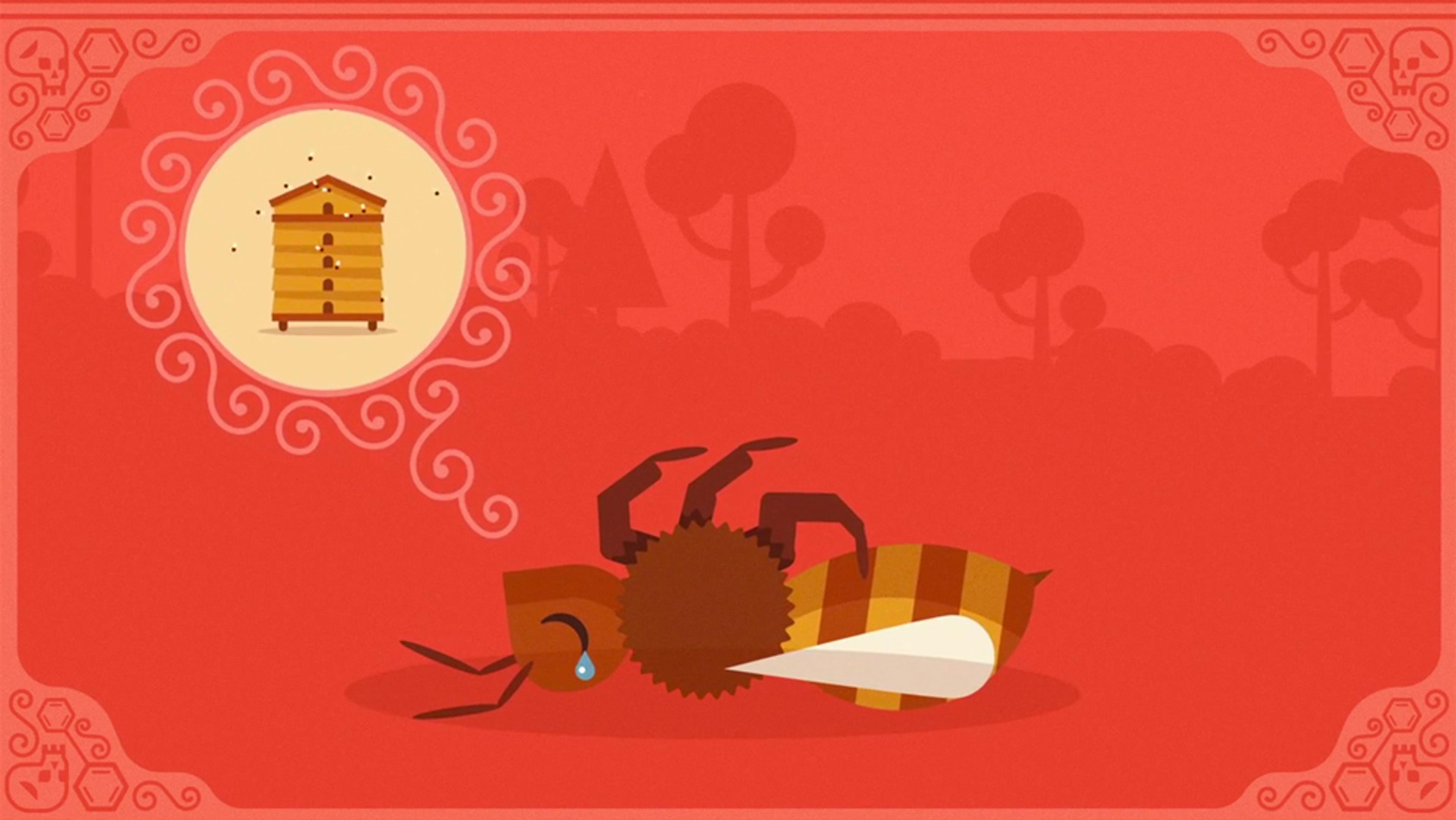 Illustration of a bee lying on its side with a teardrop, thinking of a beehive. Background is red with trees and decorative border.