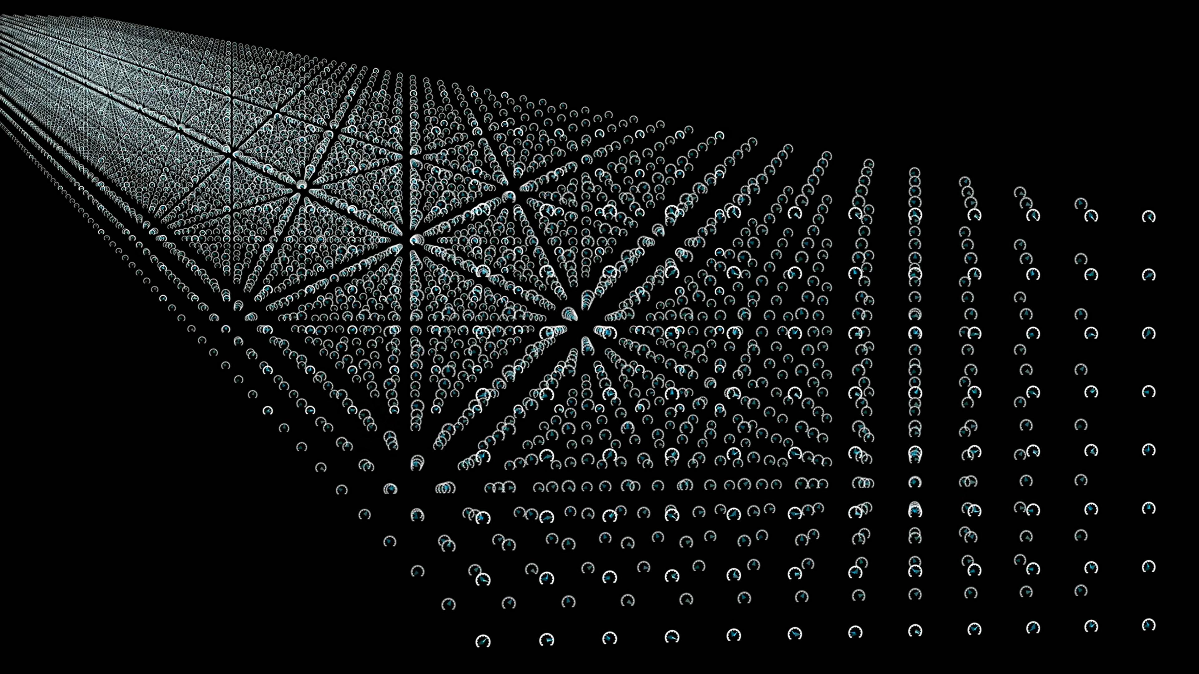 Abstract digital art of geometric patterns made with spheres, creating a sense of depth on a black background.