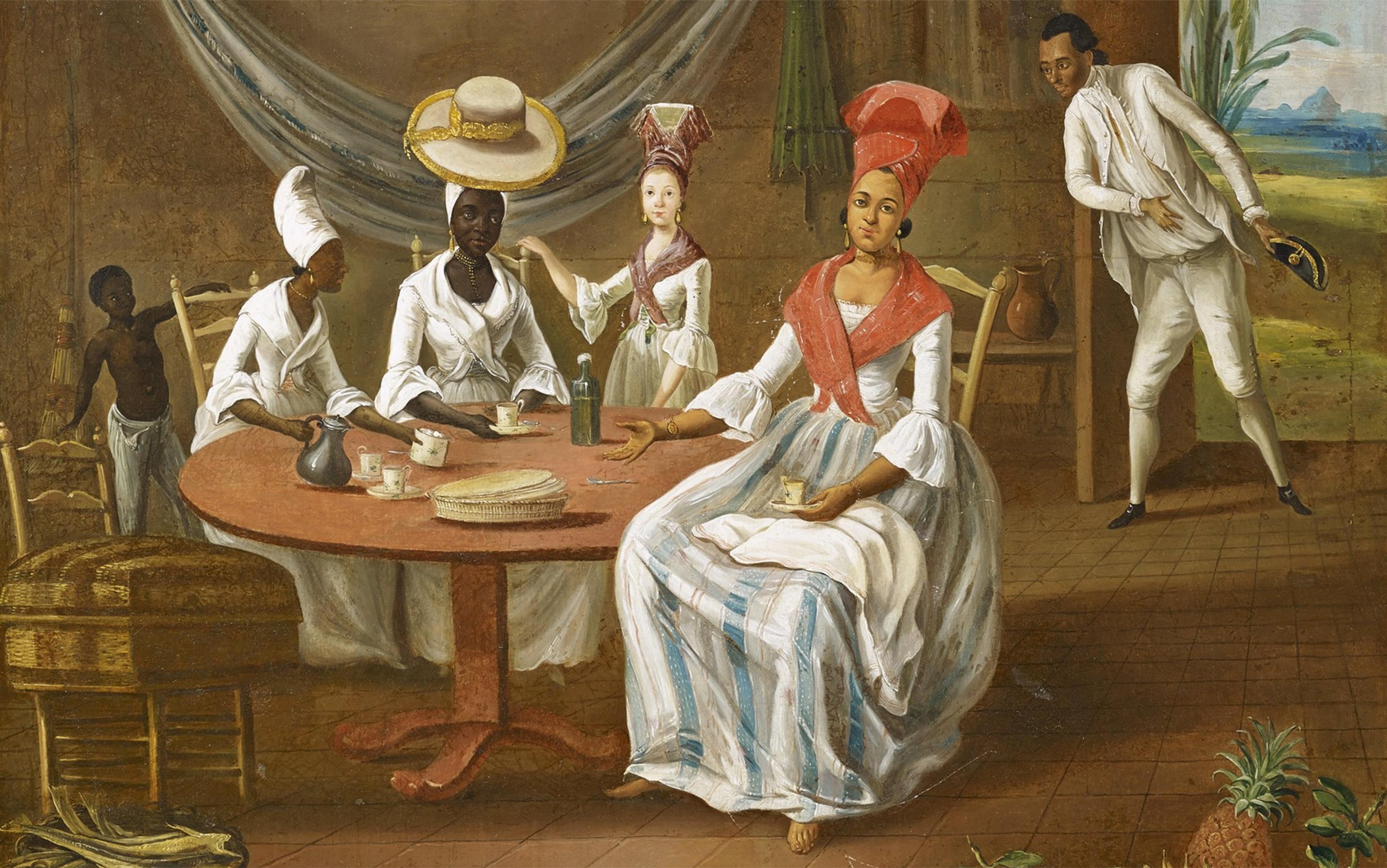 Painting of a mixed-race family in colonial dress sitting around a table drinking coffee with a servant boy in the background.