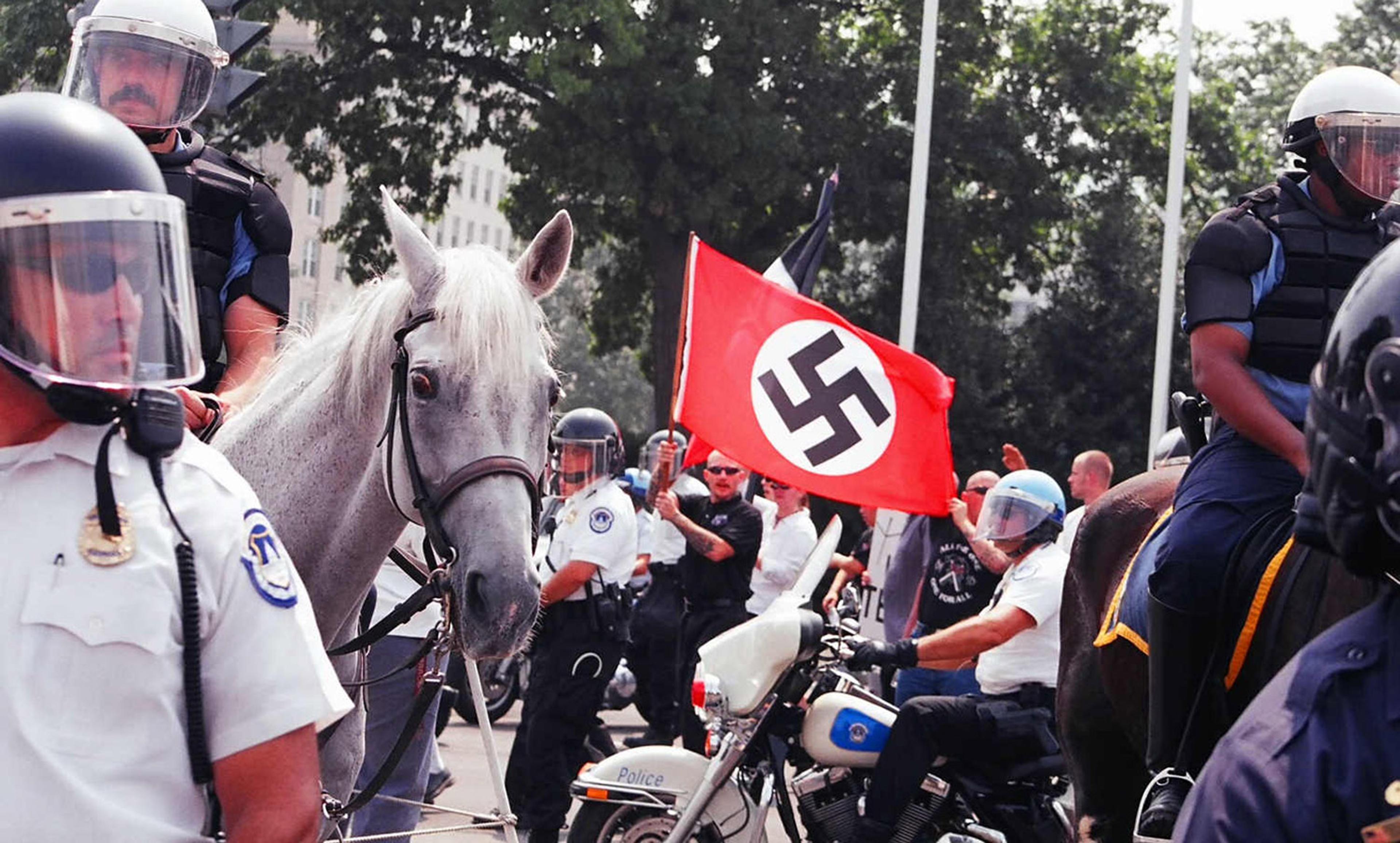Police on horseback during a protest with a Nazi flag being displayed in the background, surrounded by trees and buildings.