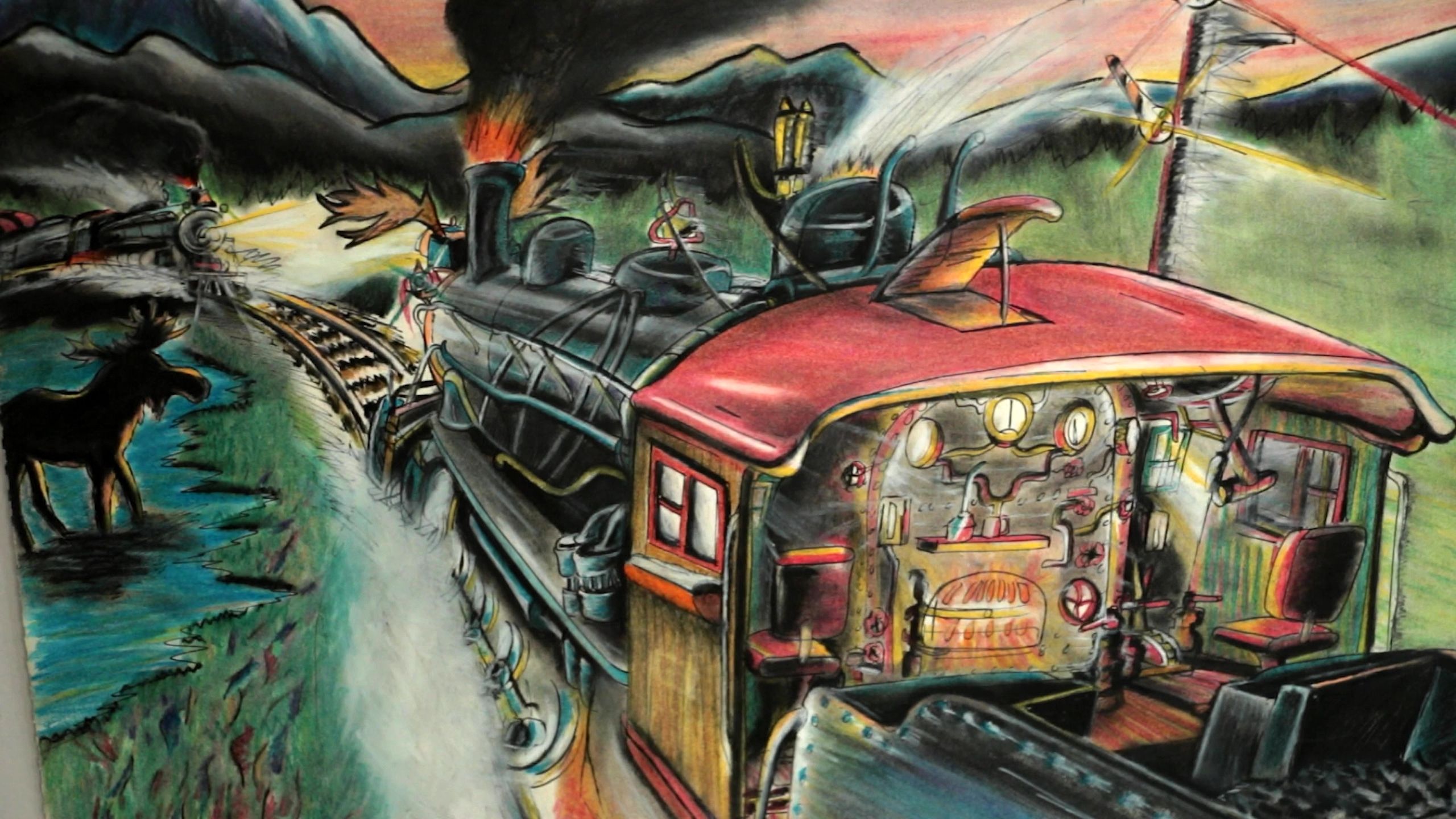 Painting of a steam train with a red roof chugging along tracks at sunset with mountains and a moose in the background.