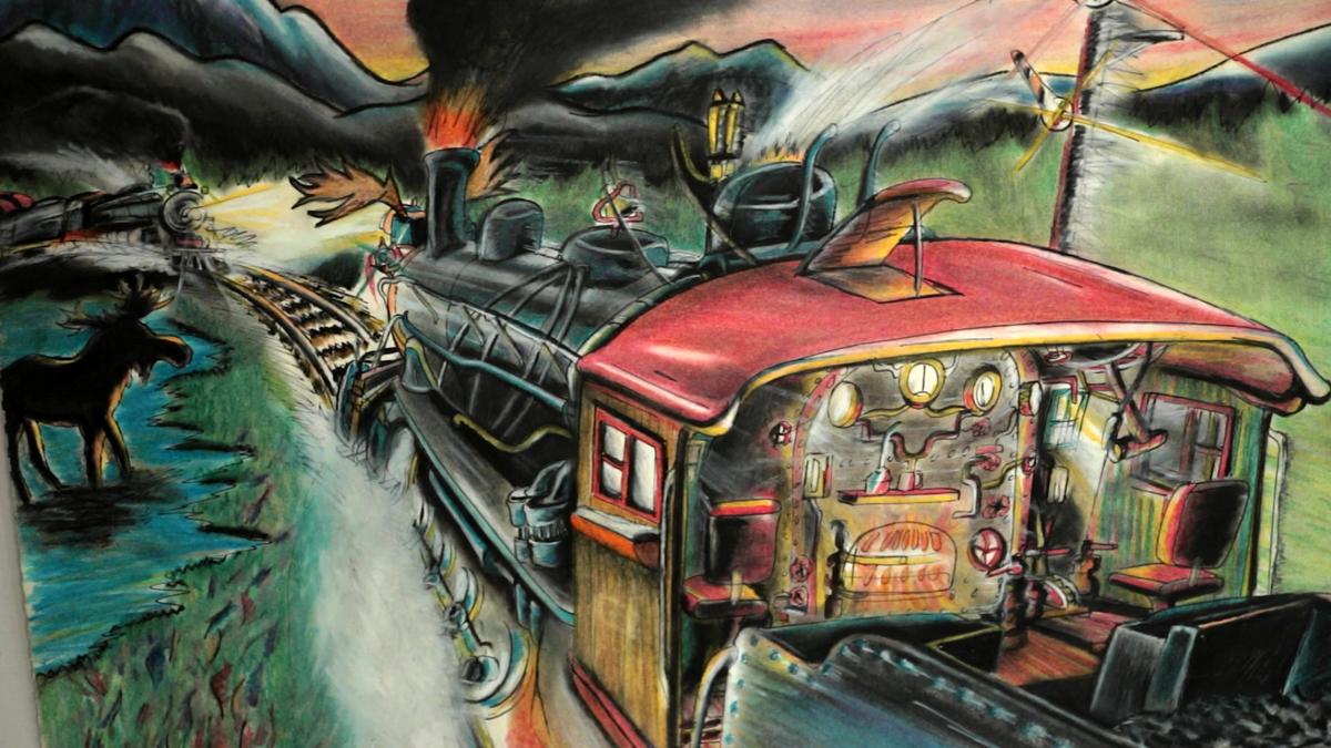Painting of a steam train with a red roof chugging along tracks at sunset with mountains and a moose in the background.