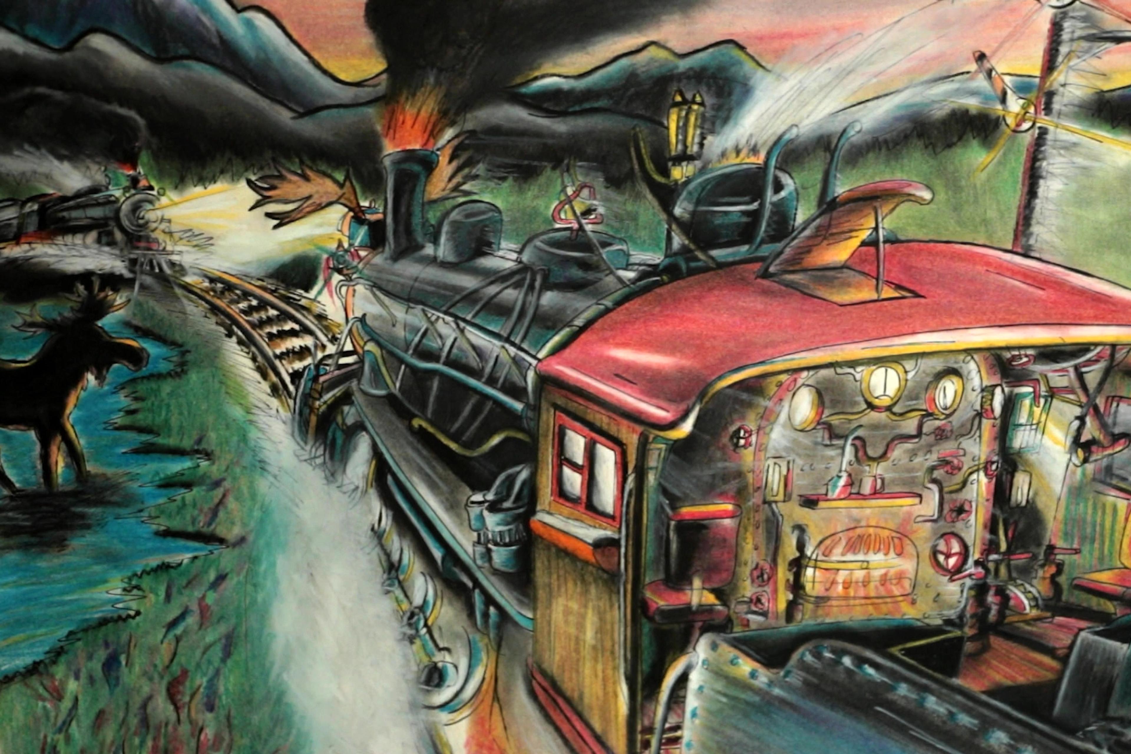 Painting of a steam train with a red roof chugging along tracks at sunset with mountains and a moose in the background.