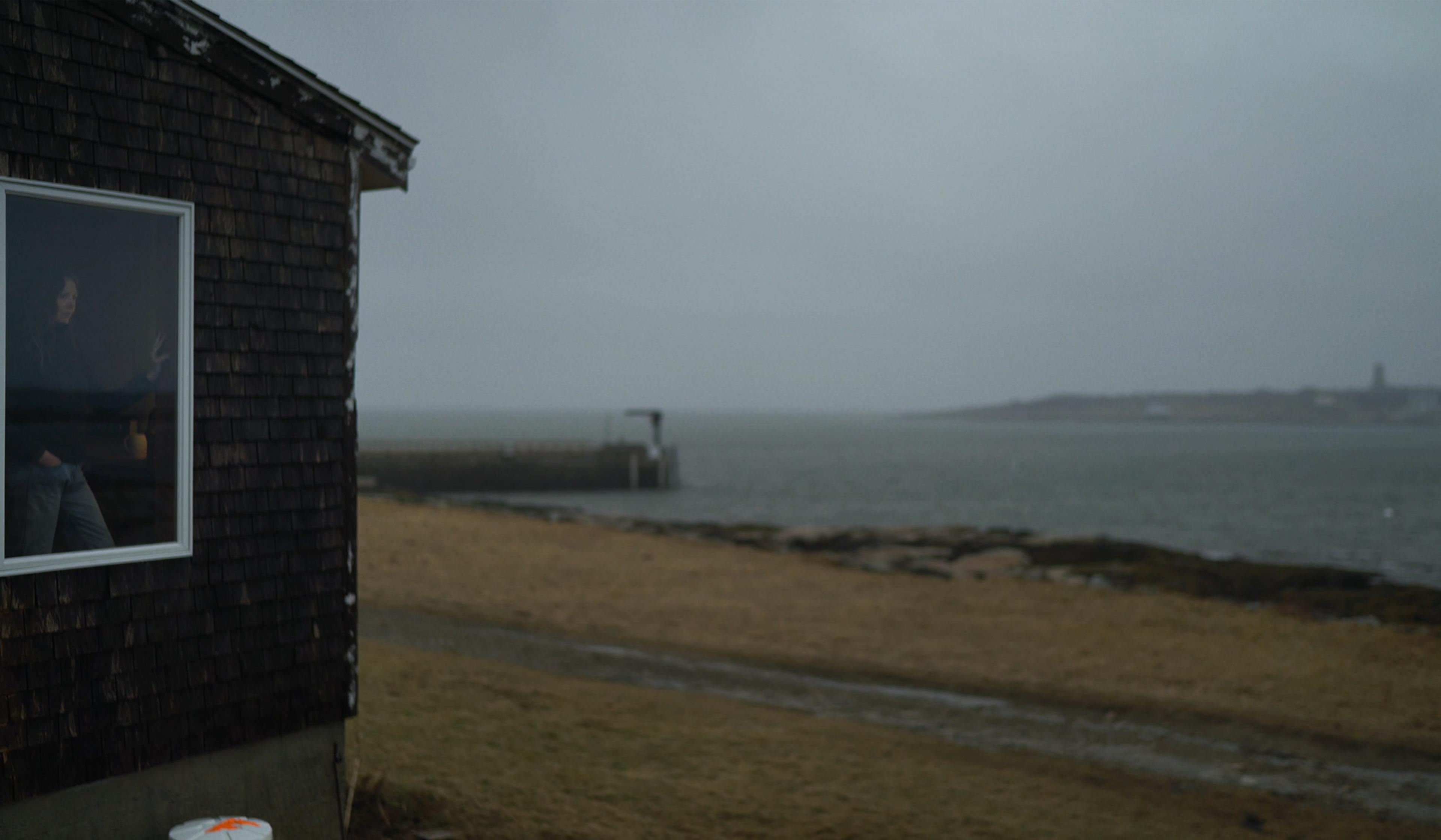 A person standing by a window in a dark shingled house overlooking a grey, misty seashore with a distant pier and coastline.