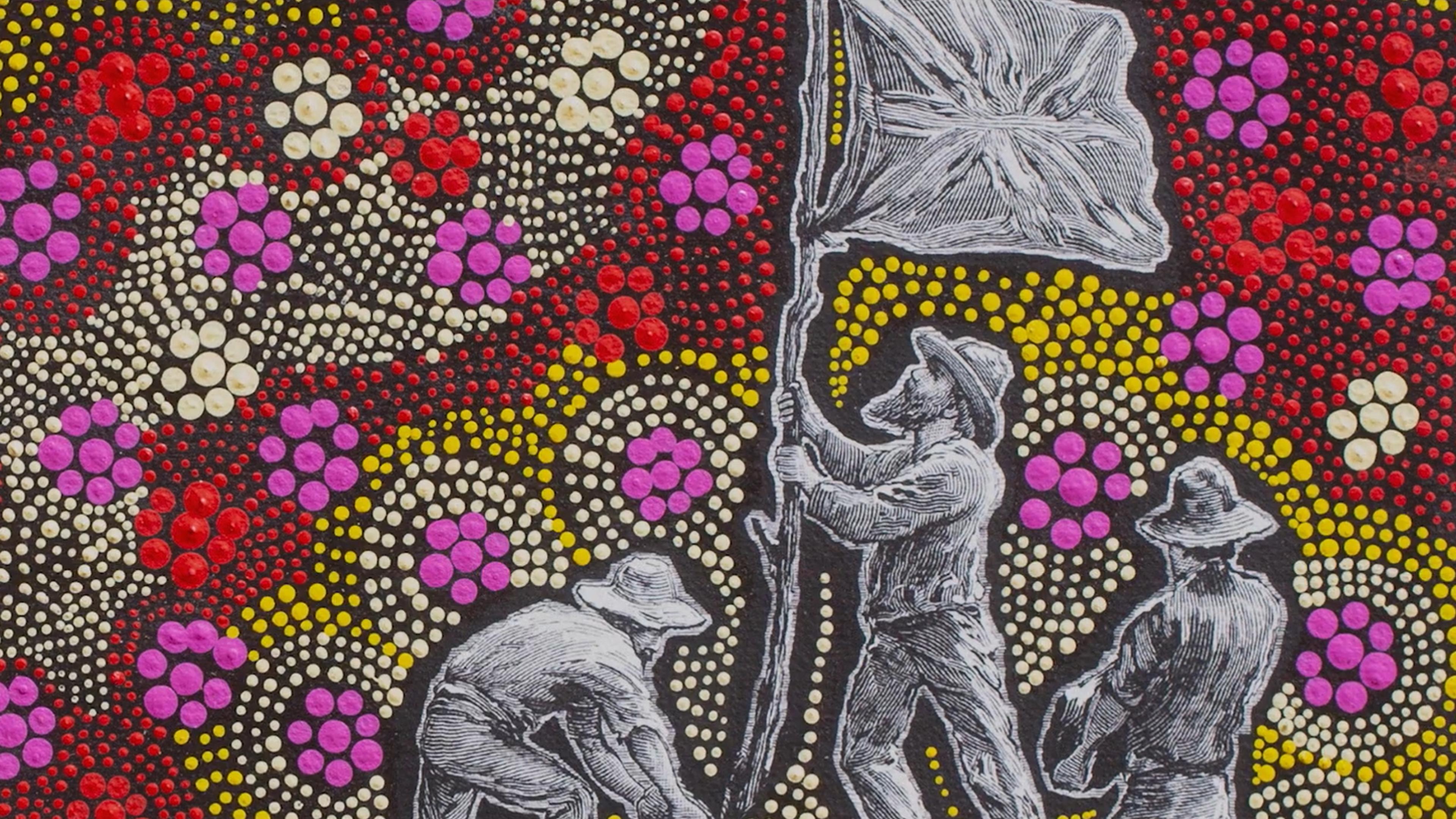 Painting of three figures with a flag on a dot-patterned background in red, yellow, purple and white.