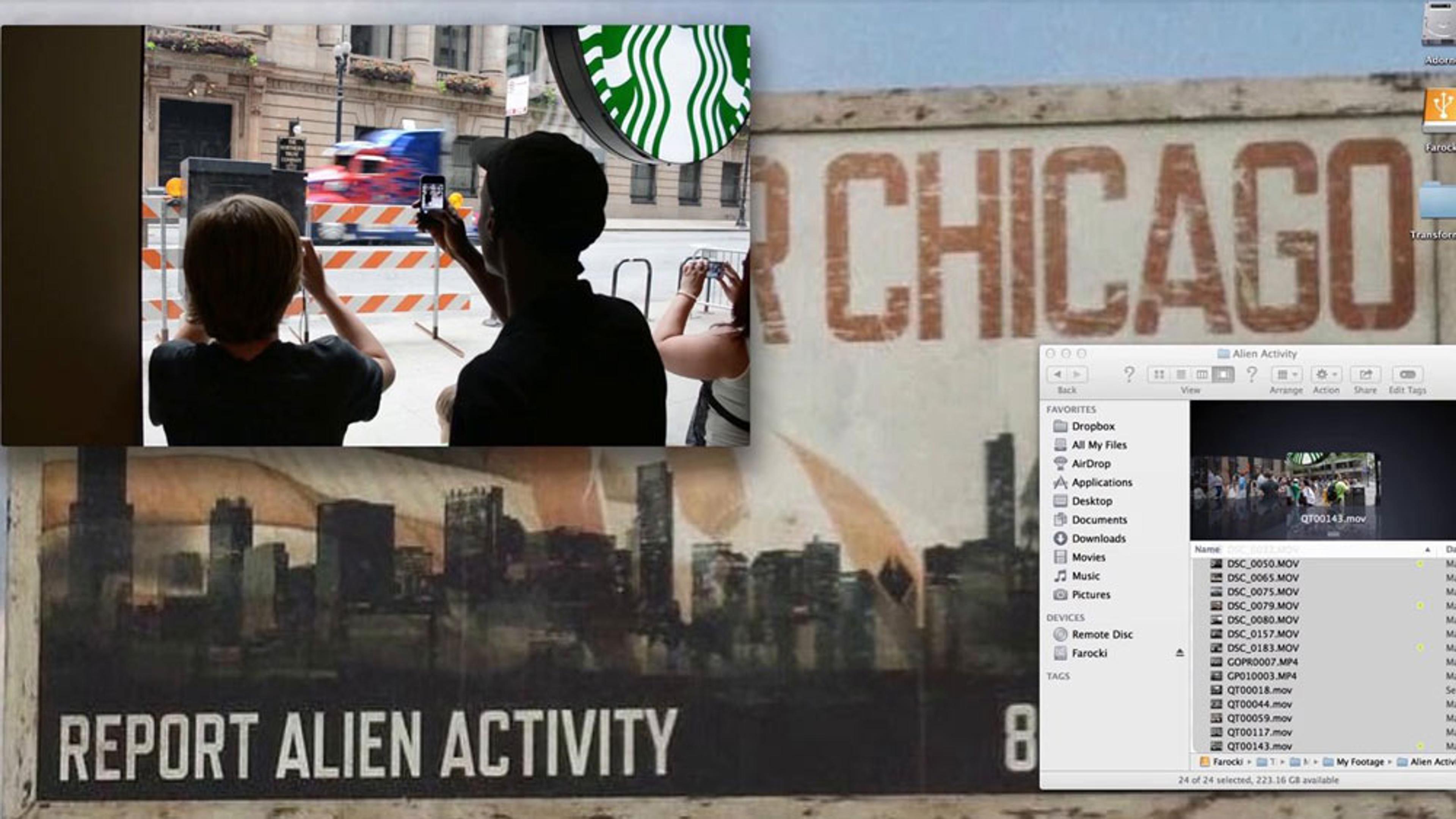 Composite image featuring children taking photos outside a café and a screenshot of a computer desktop with an ‘Alien Activity’ folder.