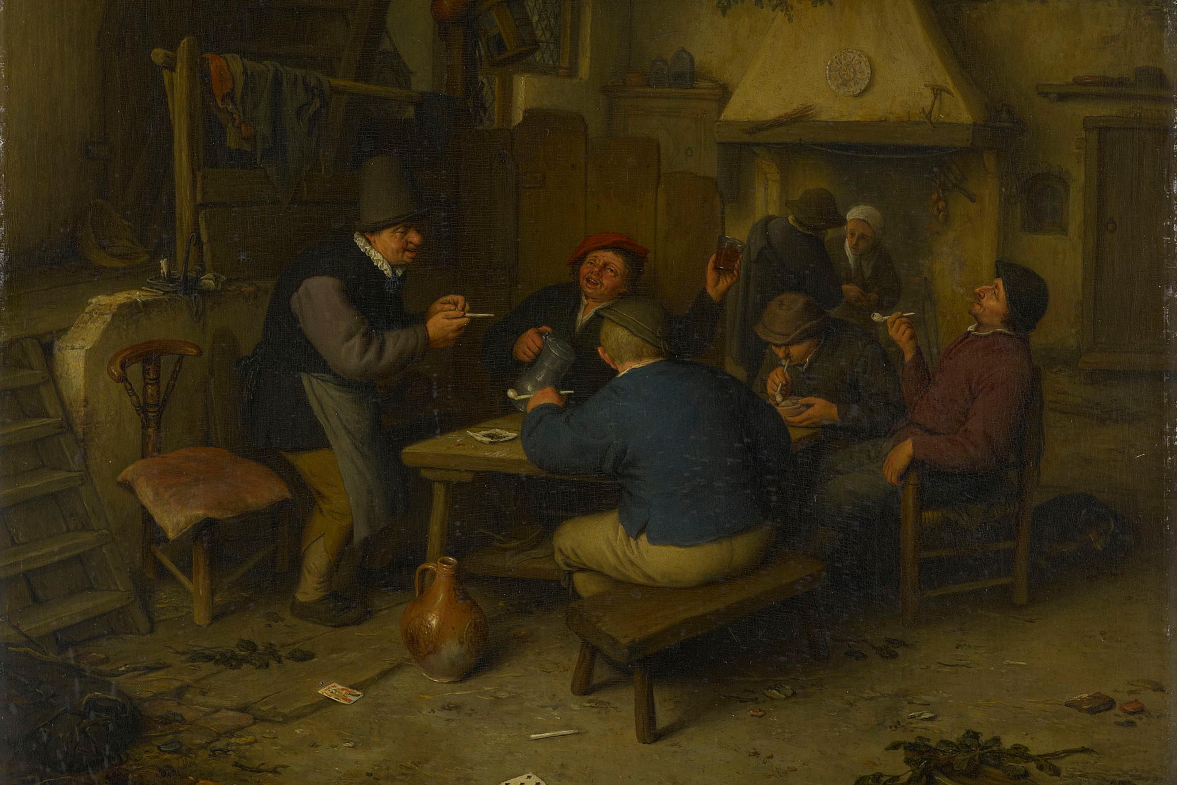 A painting of six men playing cards in a rustic room with a fireplace and ladder. One man wears a red hat.