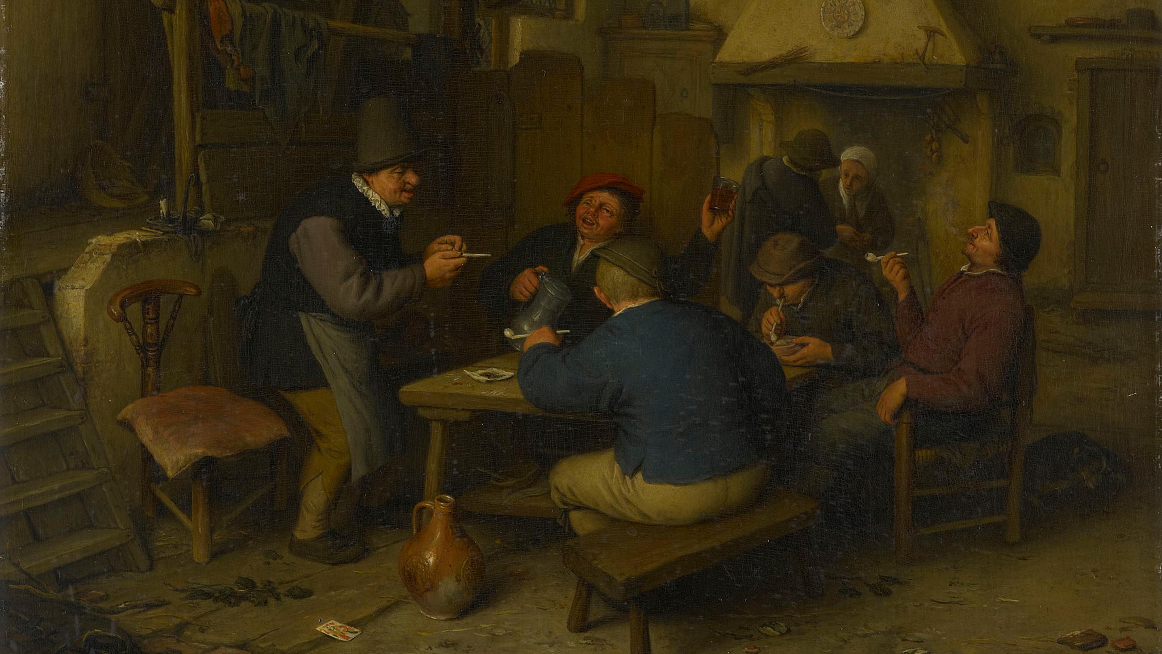 A painting of six men playing cards in a rustic room with a fireplace and ladder. One man wears a red hat.