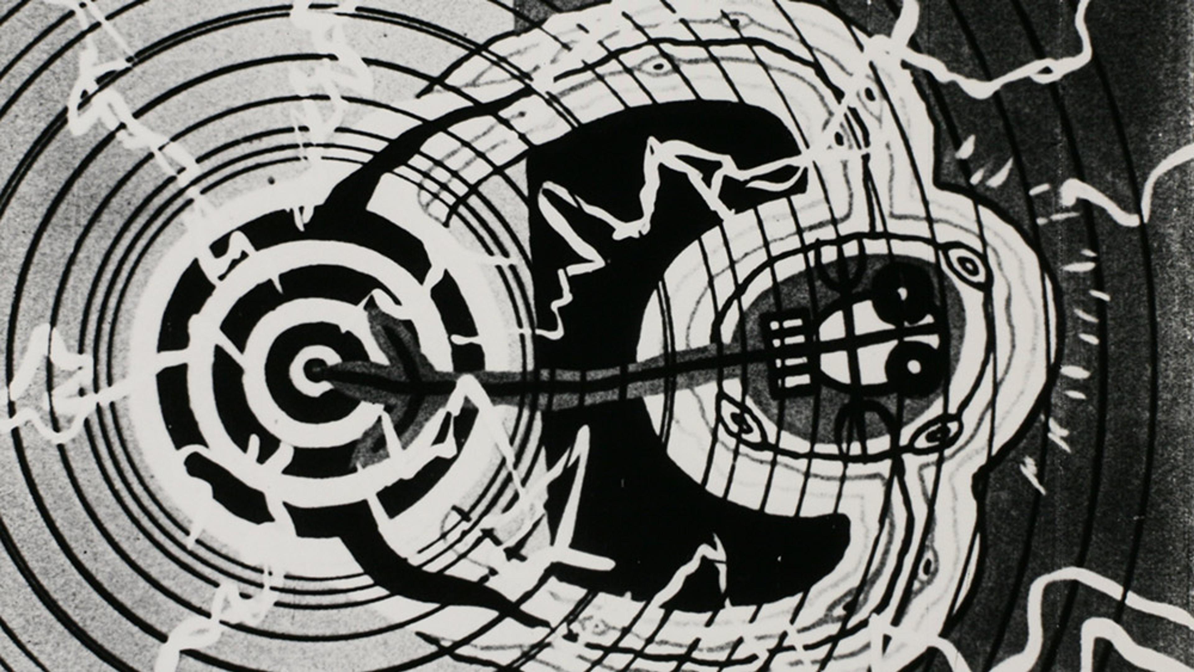Black-and-white abstract painting with concentric circles, wavy lines, and a skeletal figure in the centre.