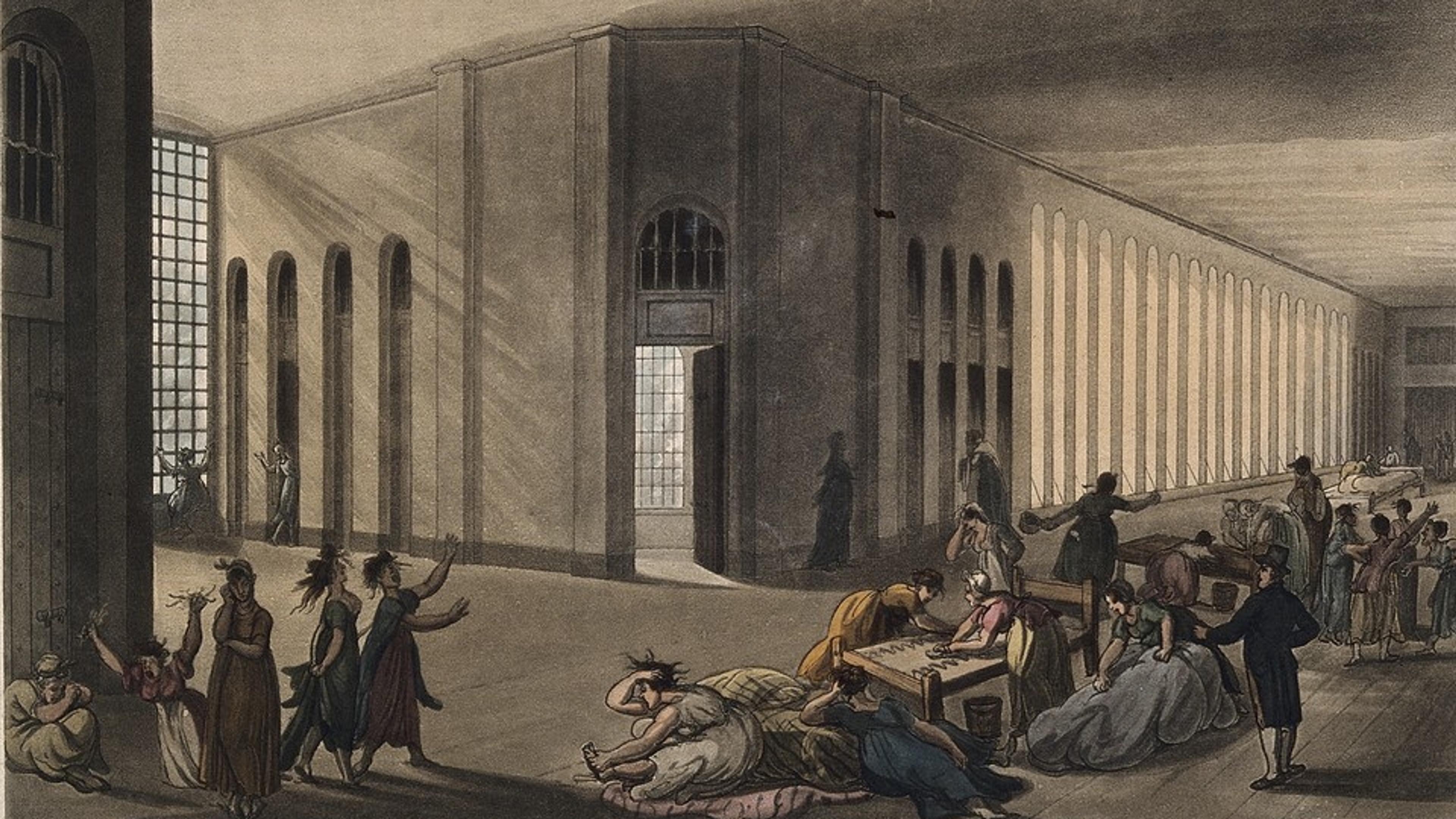 Engraving of St Luke’s Hospital interior with patients and staff, featuring large windows and arched architecture.