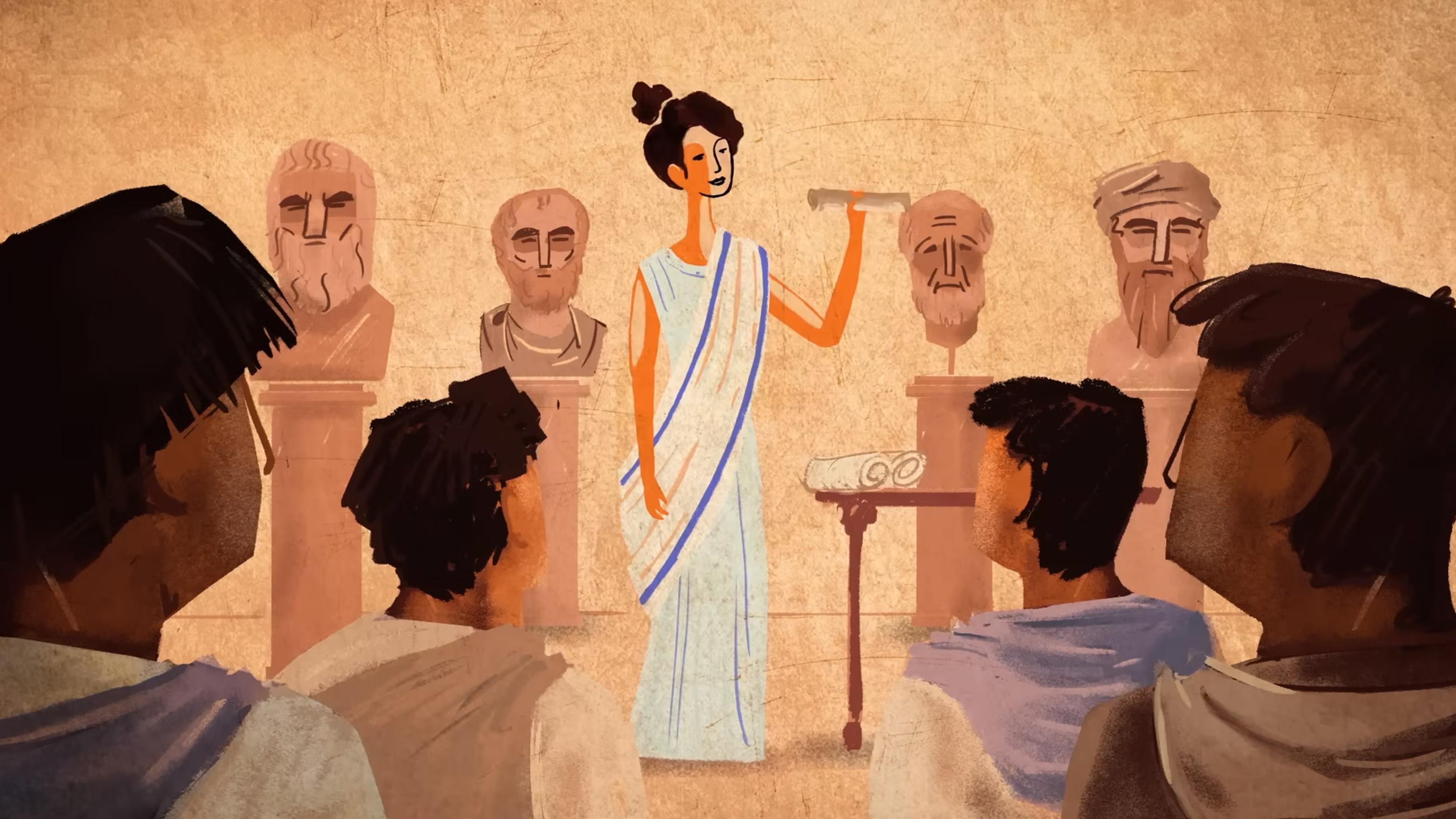 Illustration of a classroom in ancient Rome with a female teacher in a toga addressing students who are listening intently. She holds a scroll and stands in front of busts on pedestals.