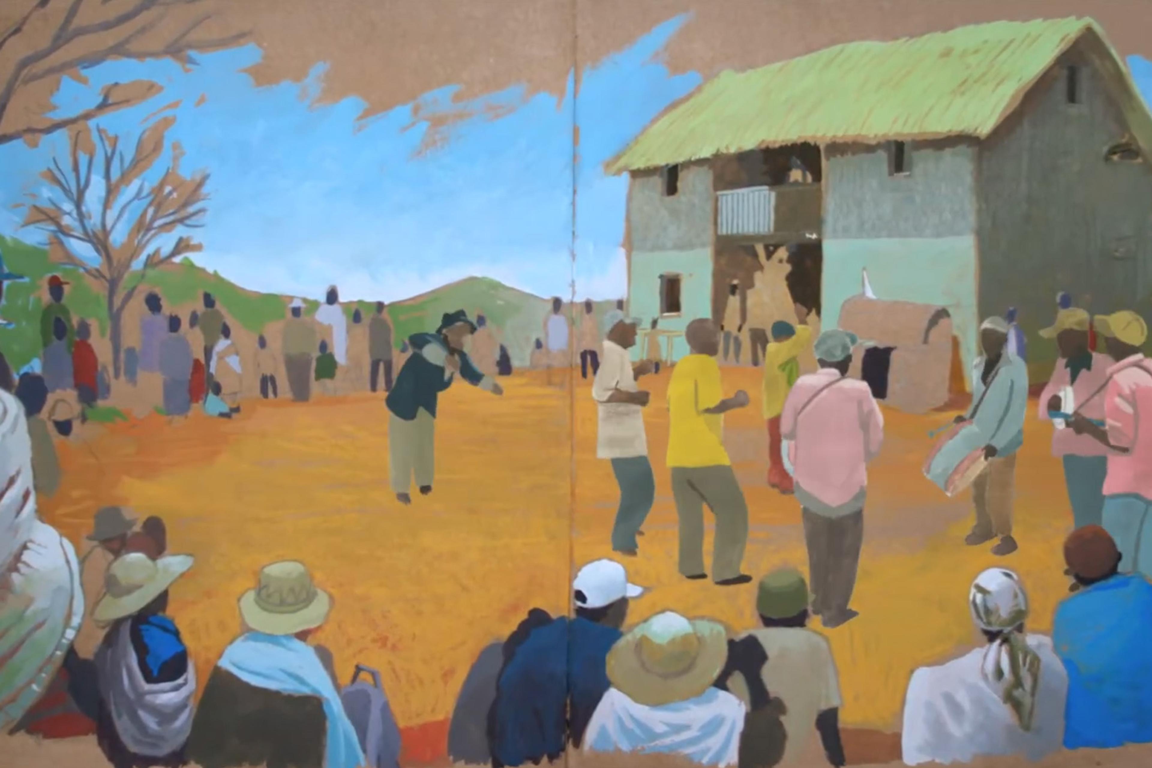 Painting of an outdoor community gathering, with people dancing and playing music near a house with a thatched roof. Many onlookers are seated.