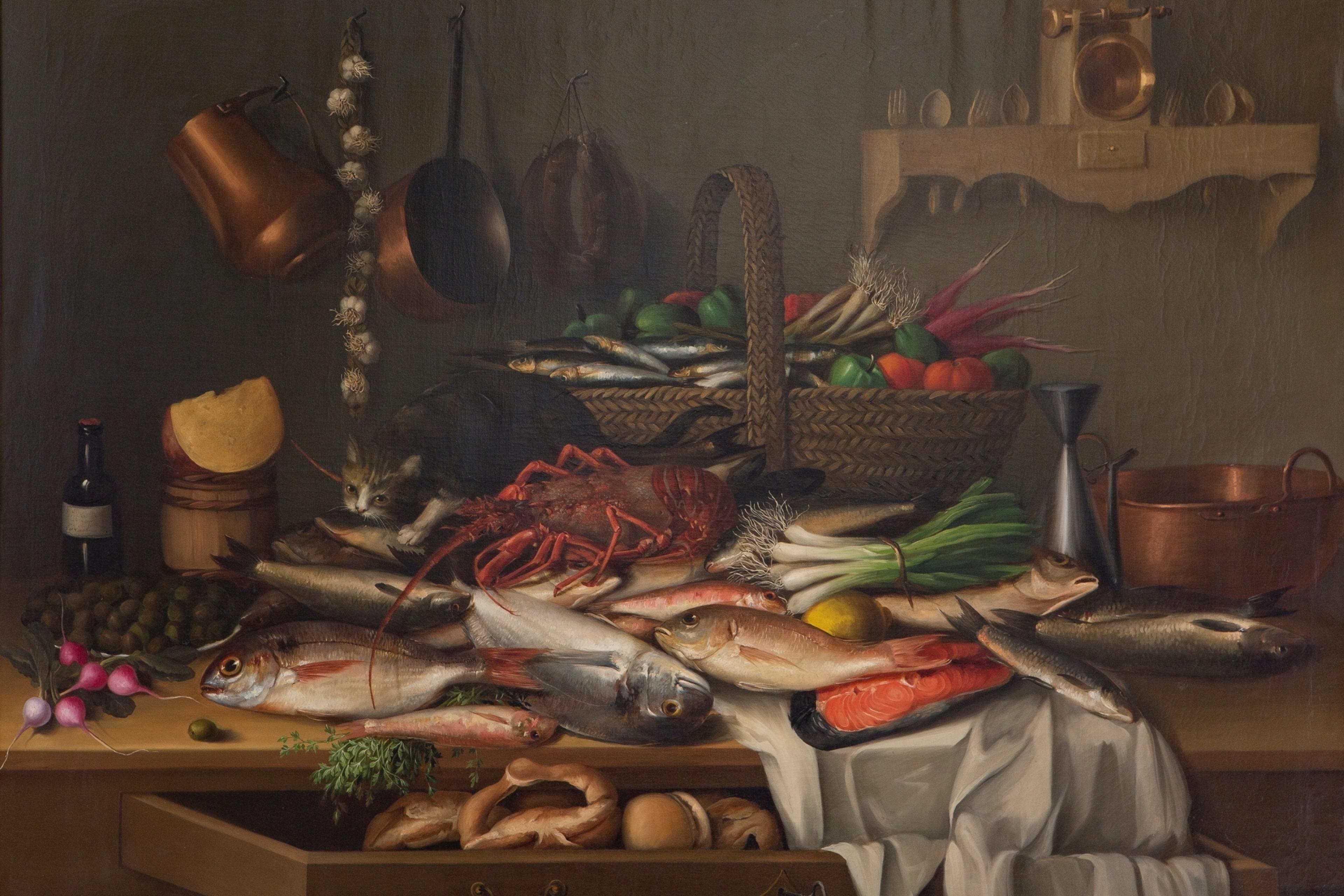 A painting of a still life with fish, vegetables, a lobster a cat, and kitchen items on a table with baskets and copper pots.