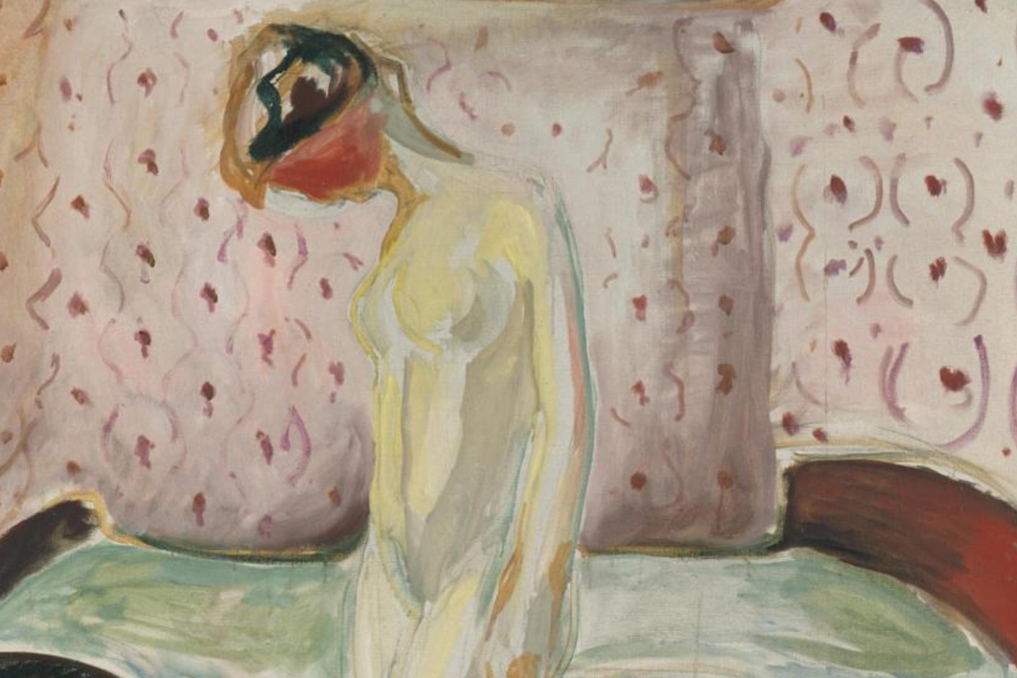 A painting of a figure standing near a bed with a patterned red and cream wall in the background.