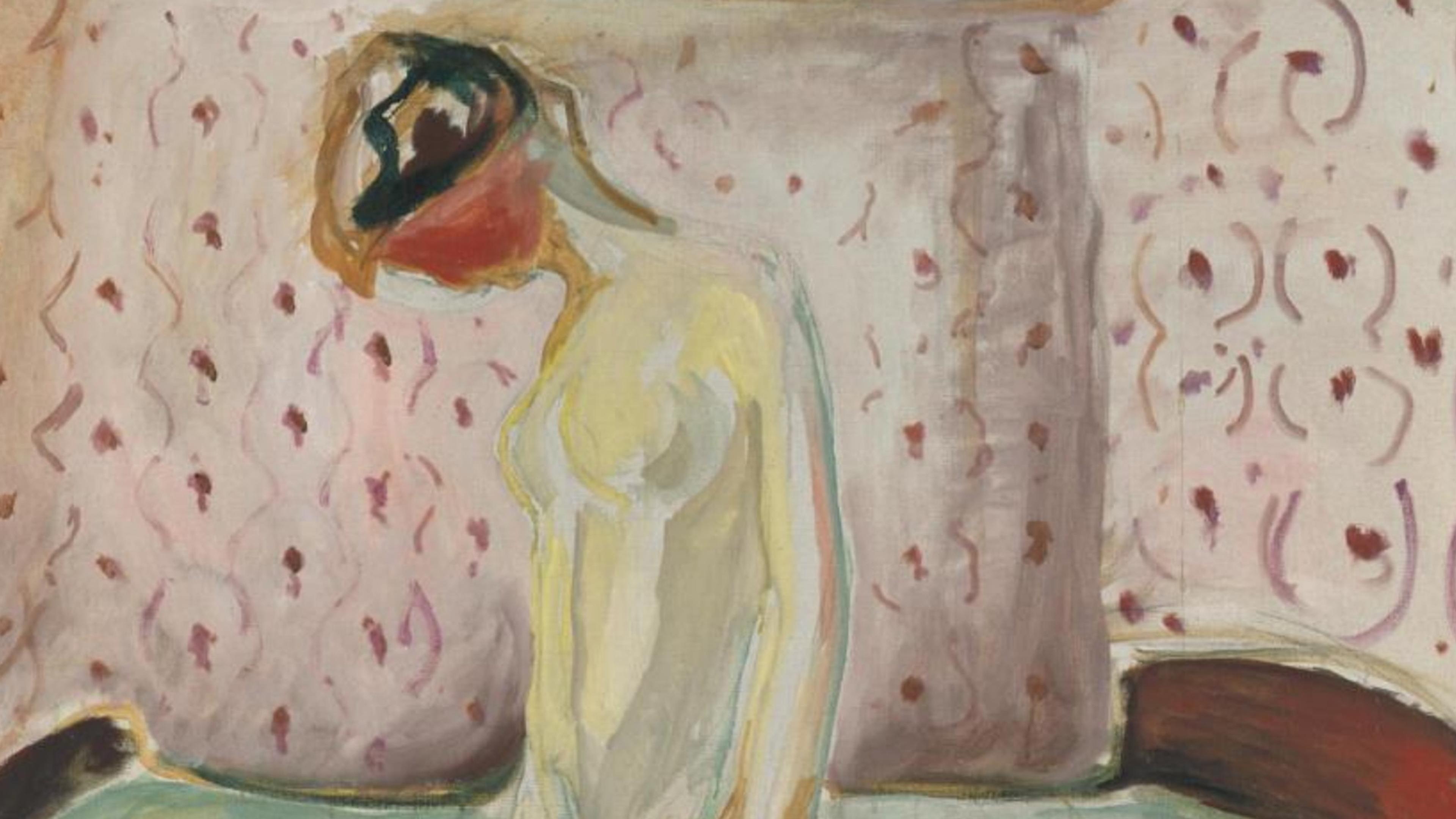 A painting of a figure standing near a bed with a patterned red and cream wall in the background.