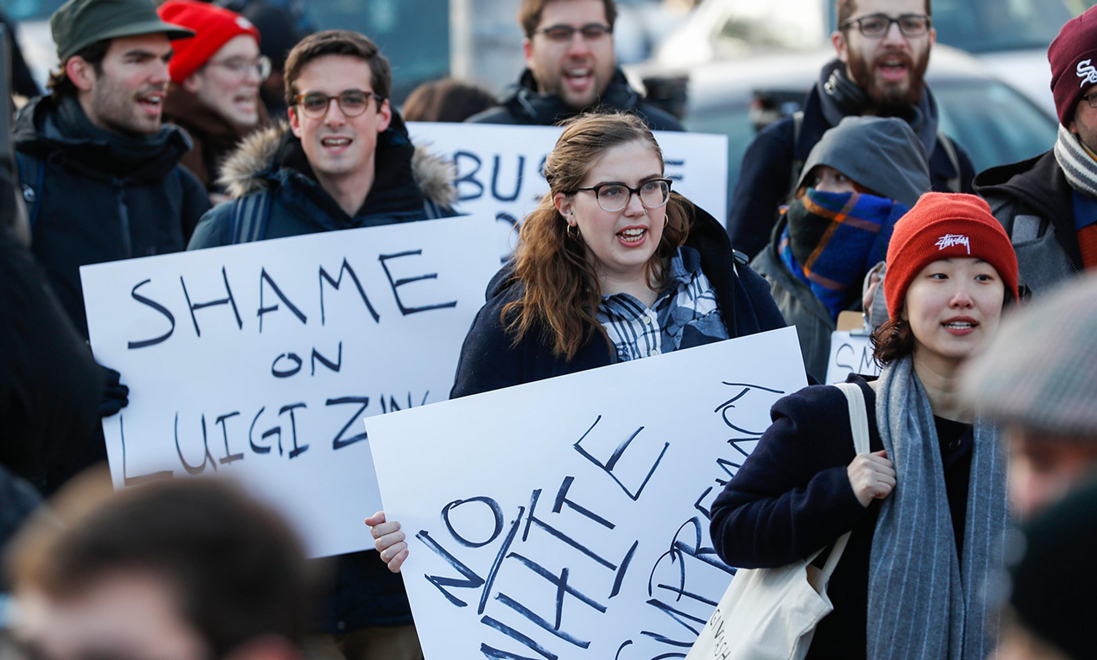 <p>Students demonstrate the invitation of Steve Bannon to come to the University of Chicago on 25 January 2018 in Chicago. <em>Jose M Osorio/Chicago Tribune/Getty</em></p>