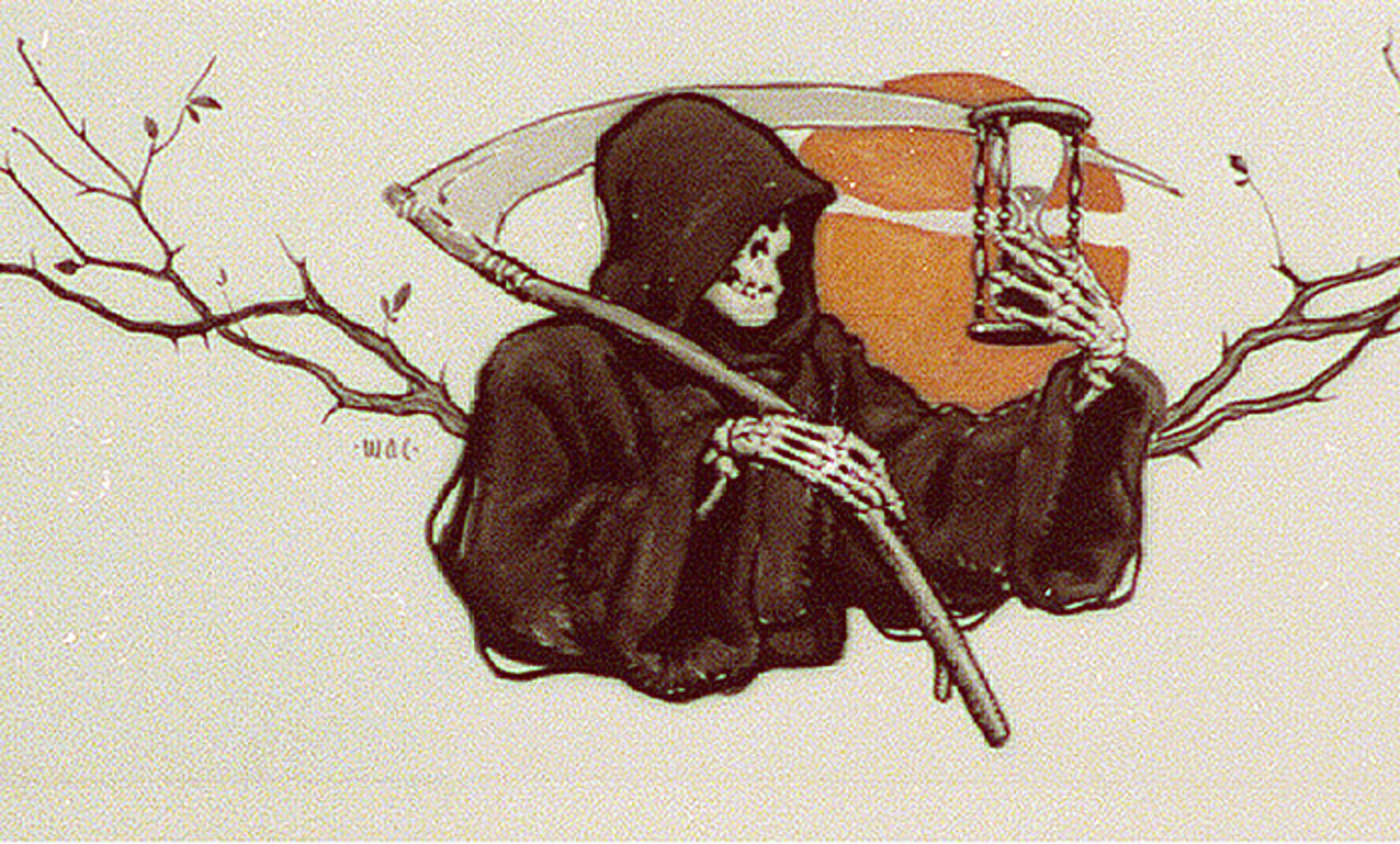 A painting of the Grim Reaper holding a scythe and hourglass with a sunset in the background, surrounded by bare tree branches.